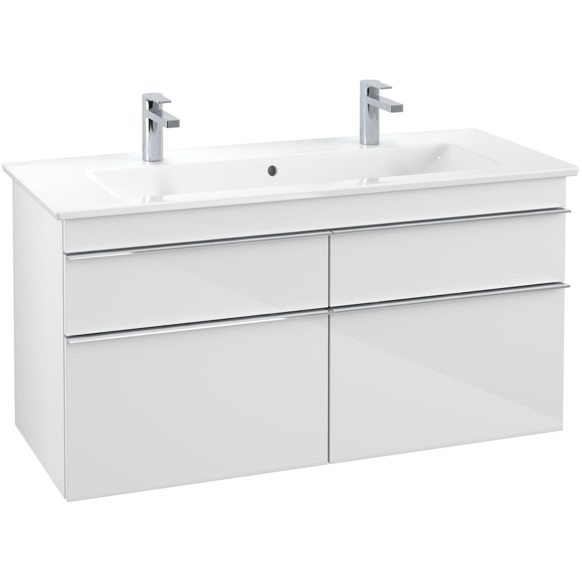 VILLEROY & BOCH VENTICELLO Waschbeckenunterschrank 115 cm breit, Weiß, Griff Chrom, 4 Schubladen, 2 Hahnlöcher