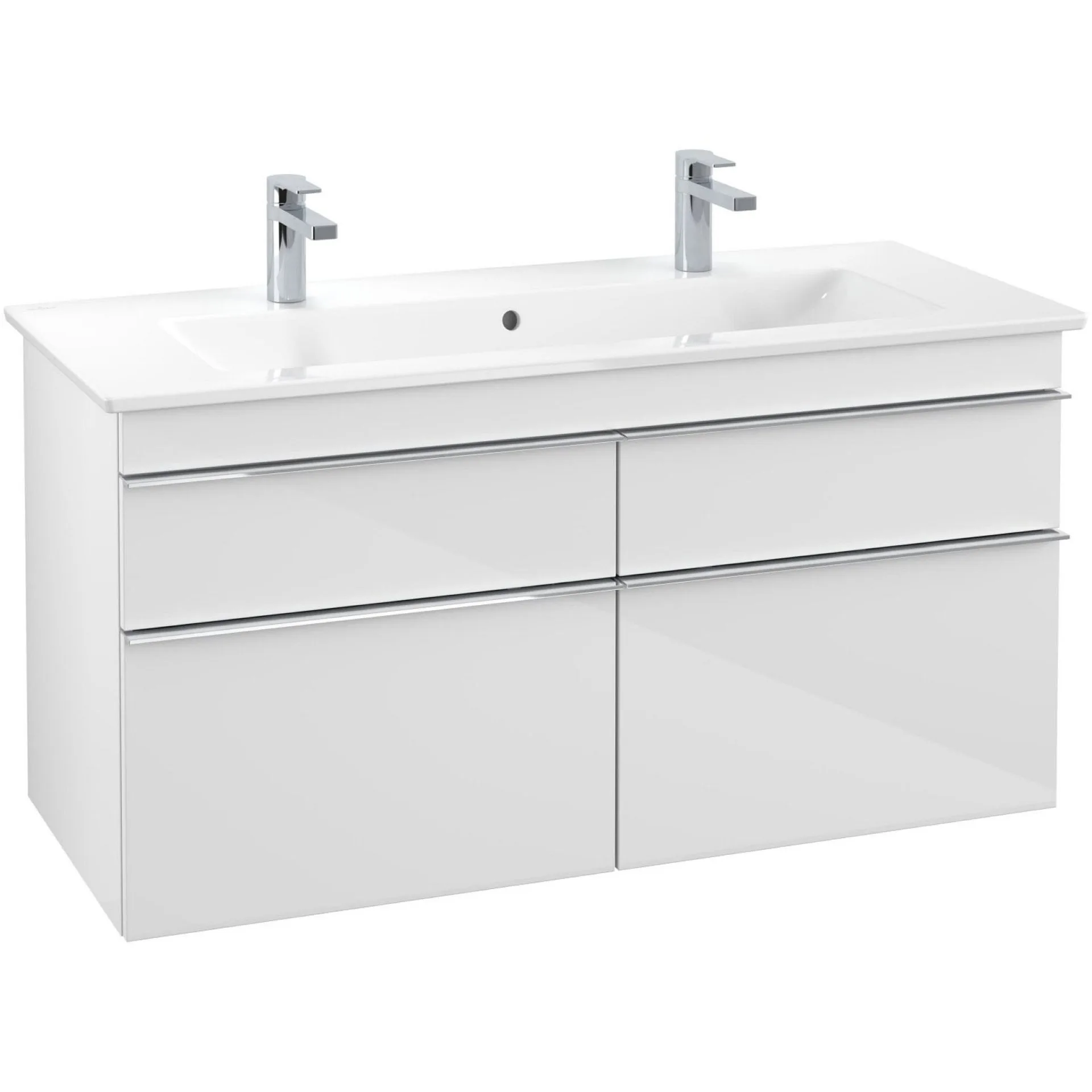 VILLEROY & BOCH VENTICELLO Waschbeckenunterschrank 115 cm breit, Weiß, Griff Chrom, 4 Schubladen, 2 Hahnlöcher