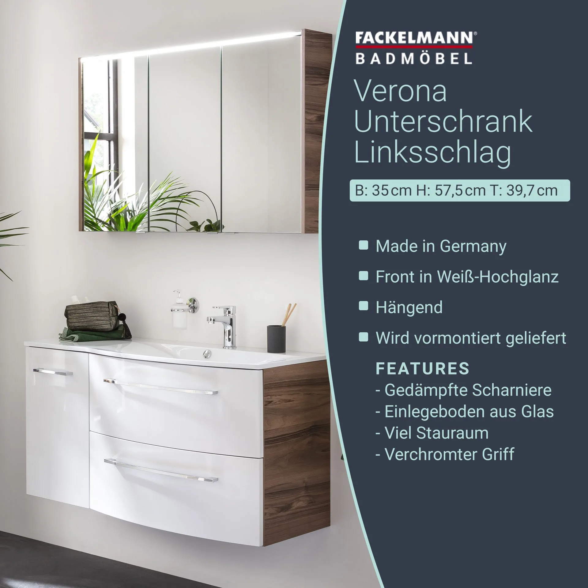 FACKELMANN VERONA Unterschrank 35 cm breit, Weiß Hochglanz/Braun Dunkel, Türanschlag links