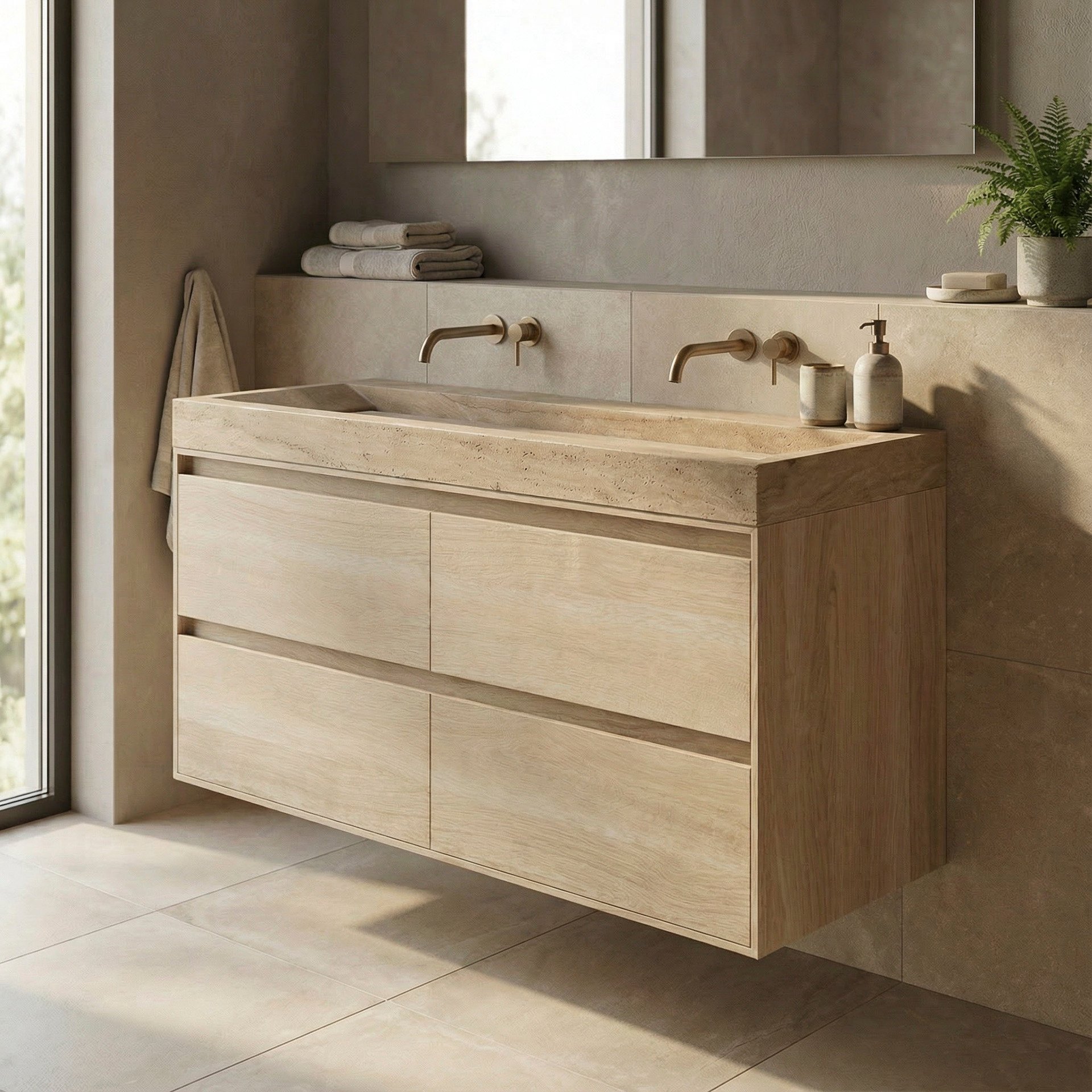 FORZALAQUA IBIZA BELLEZZA Waschbecken mit Unterschrank 120 cm breit, Braun hell, Natursteinwaschbecken Travertin matt ohne Hahnloch, 4 Schubladen