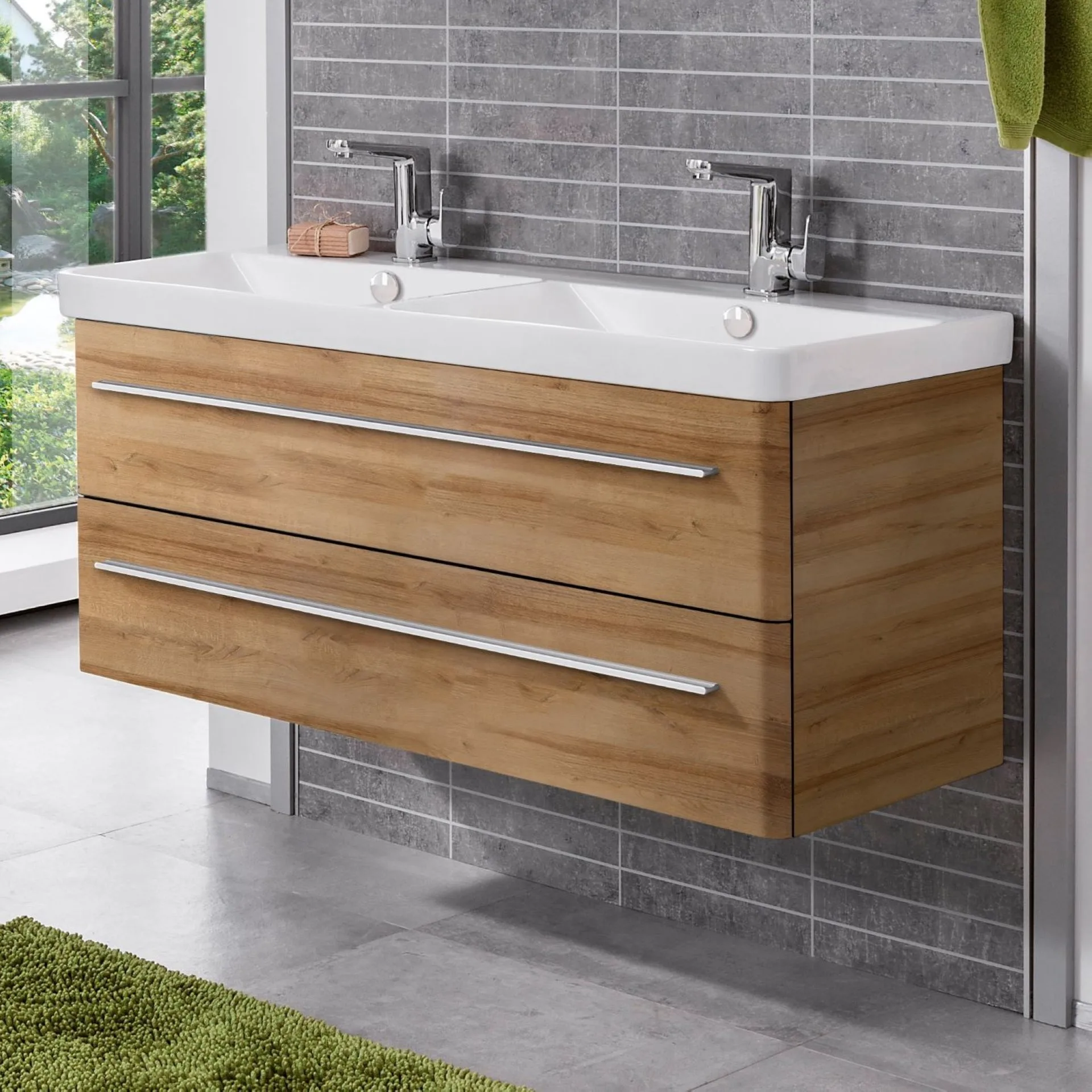 LANZET K8 Waschbecken mit Unterschrank 120 cm breit, Braun hell, Doppelwaschbecken Keramik Weiß