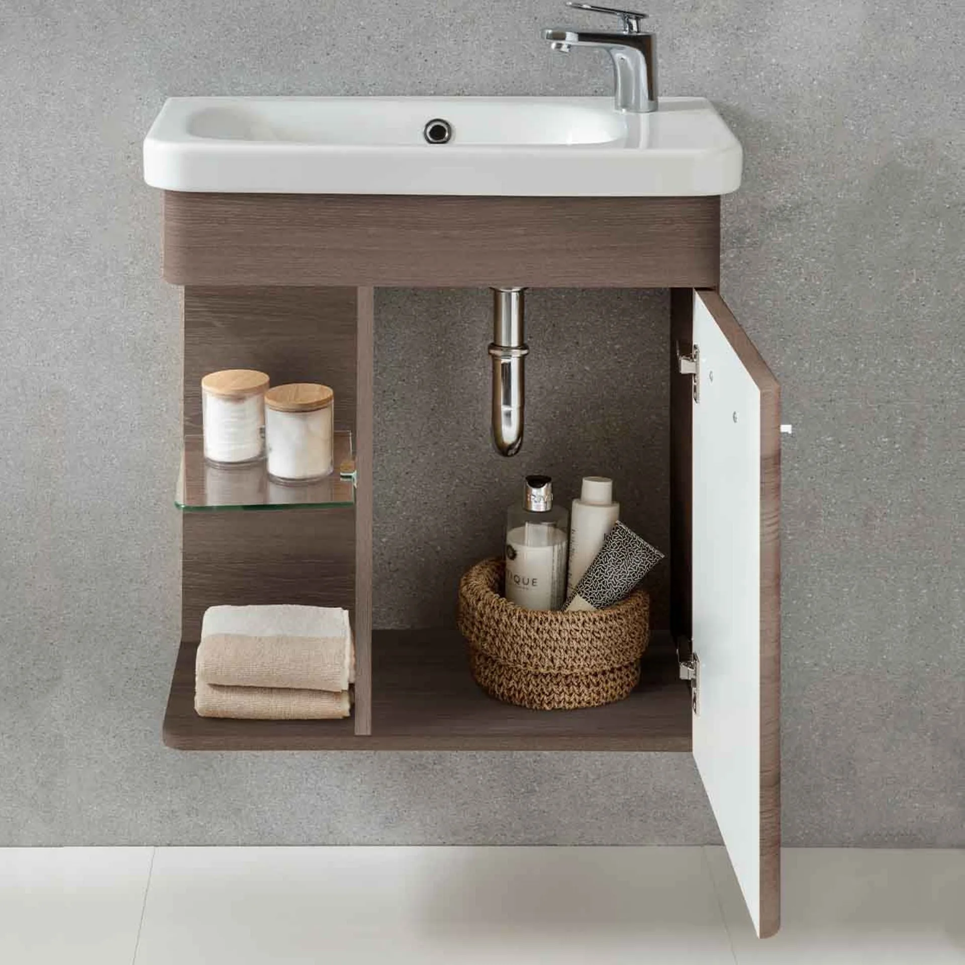 LANZET K8 Gäste WC Waschtisch Set 60 cm breit, Braun dunkel, Waschbecken Keramik Weiß, Türanschlag rechts
