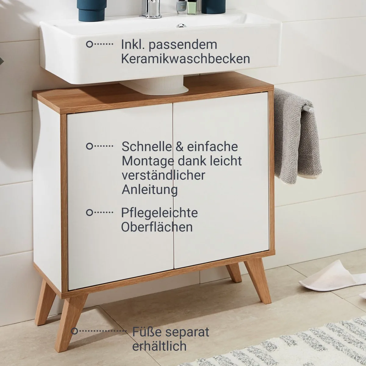 FACKELMANN FINN Waschbecken mit Unterschrank 60 cm breit, Weiß/Braun hell, Waschbecken Keramik Weiß