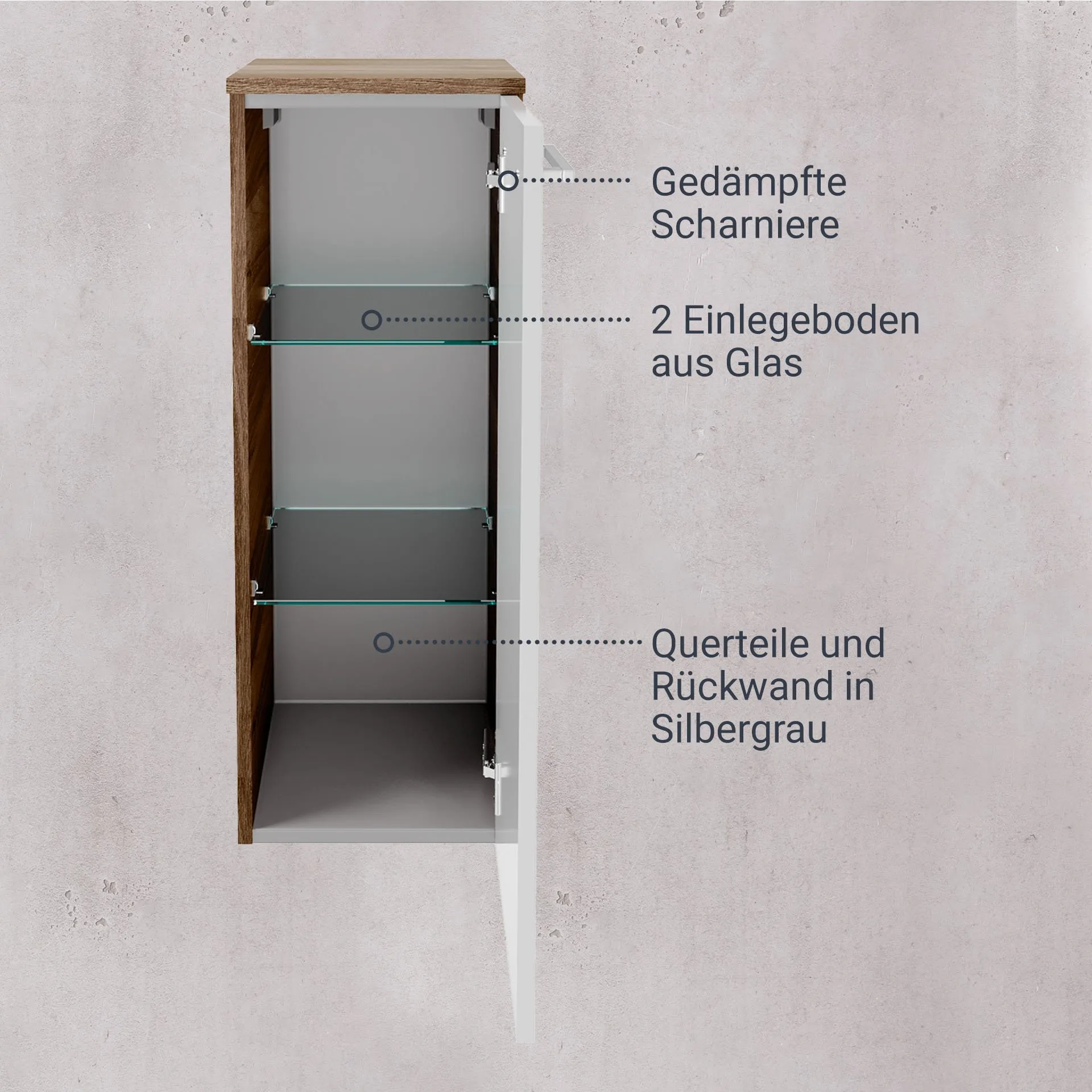 FACKELMANN VERONA Midischrank 30 cm breit, Weiß Hochglanz/Braun Dunkel, Türanschlag rechts