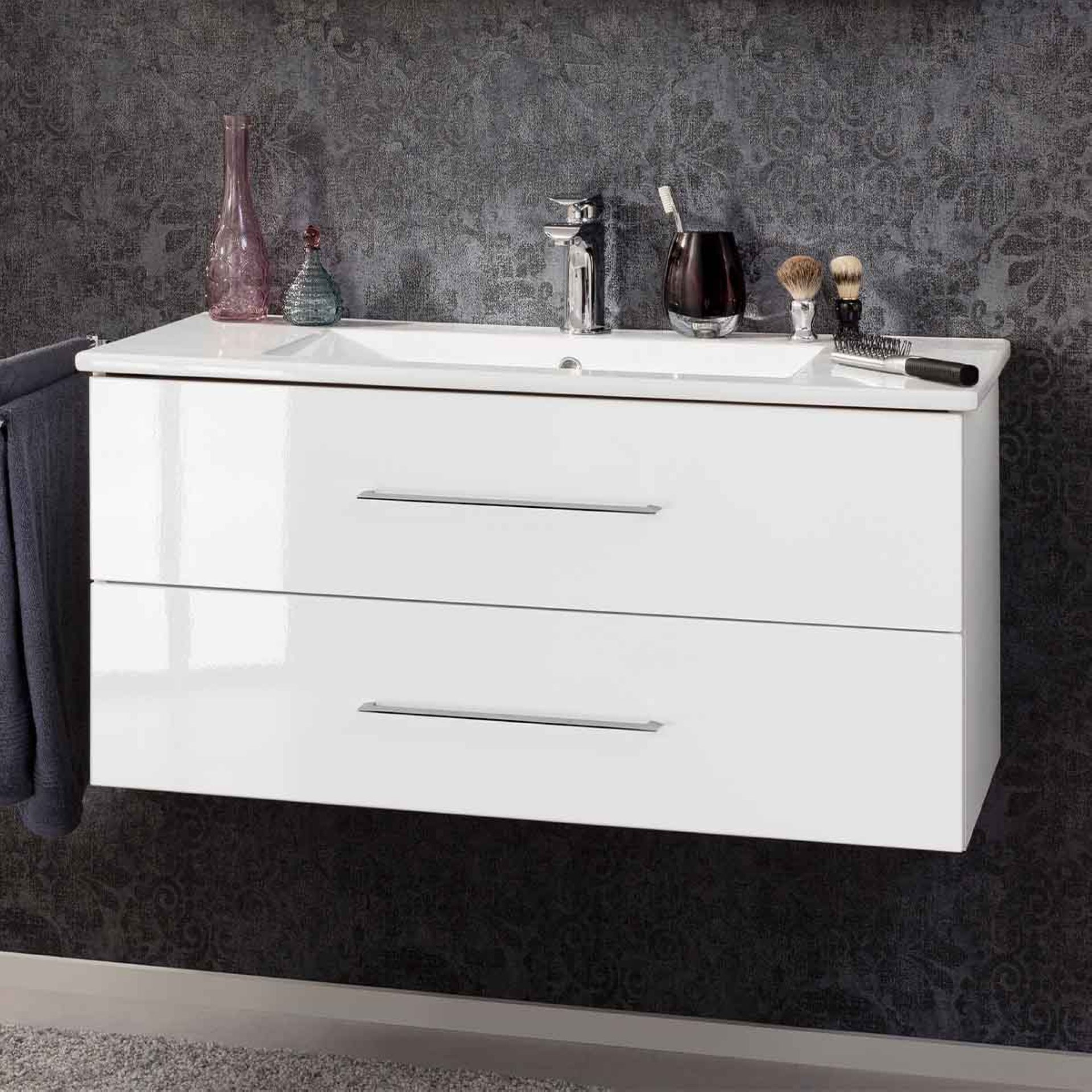 FACKELMANN B.PERFEKT Waschbecken mit Unterschrank 103 cm breit, Weiß, Waschbecken Keramik Weiß