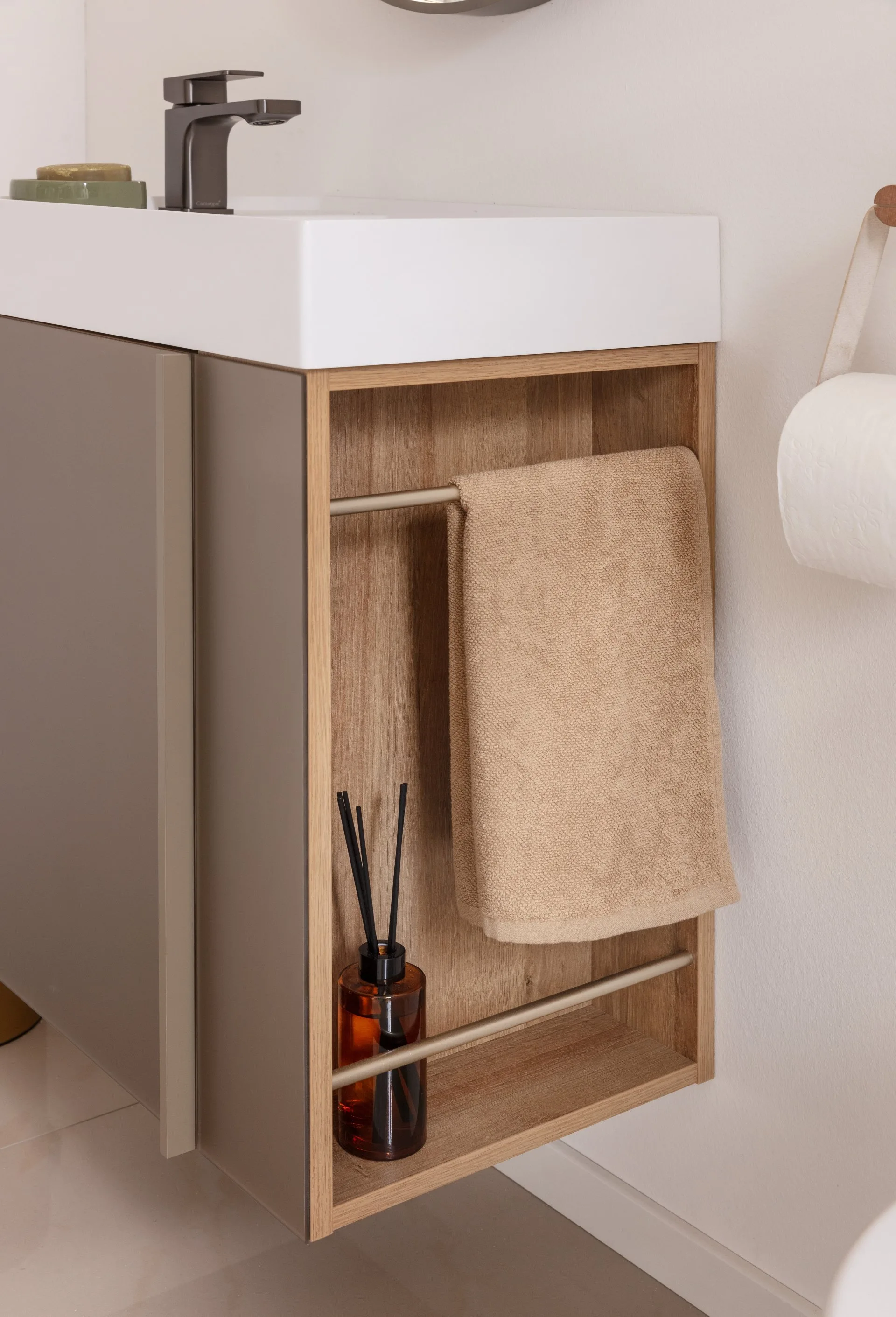 LANZET VIDRO Gäste WC Waschtisch Set 50 cm breit, Braun, Waschbecken Keramik Weiß, Anschlag links