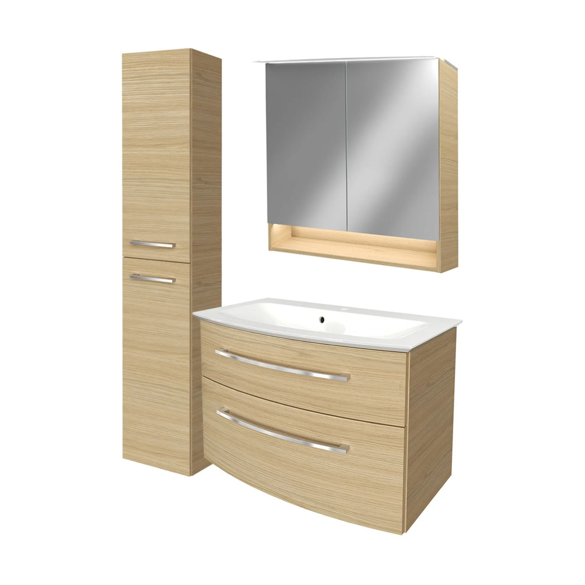 FACKELMANN B.STYLE Badmöbel Set 4-teilig 83 cm breit, Braun, Waschbecken Gussmarmor Weiß + LED-Spiegelschrank + Hochschrank Türanschlag links