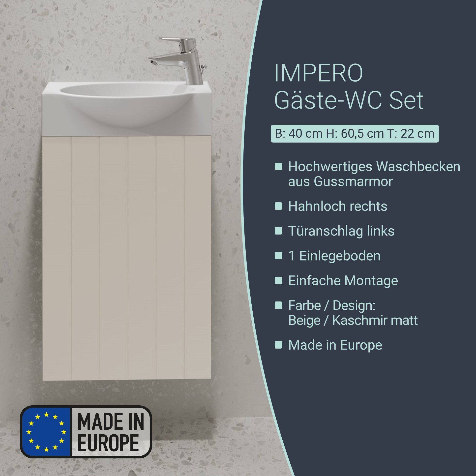 BADEDU IMPERO Gäste WC Waschtisch Set  40 cm breit, Beige, Waschbecken Keramik Weiß