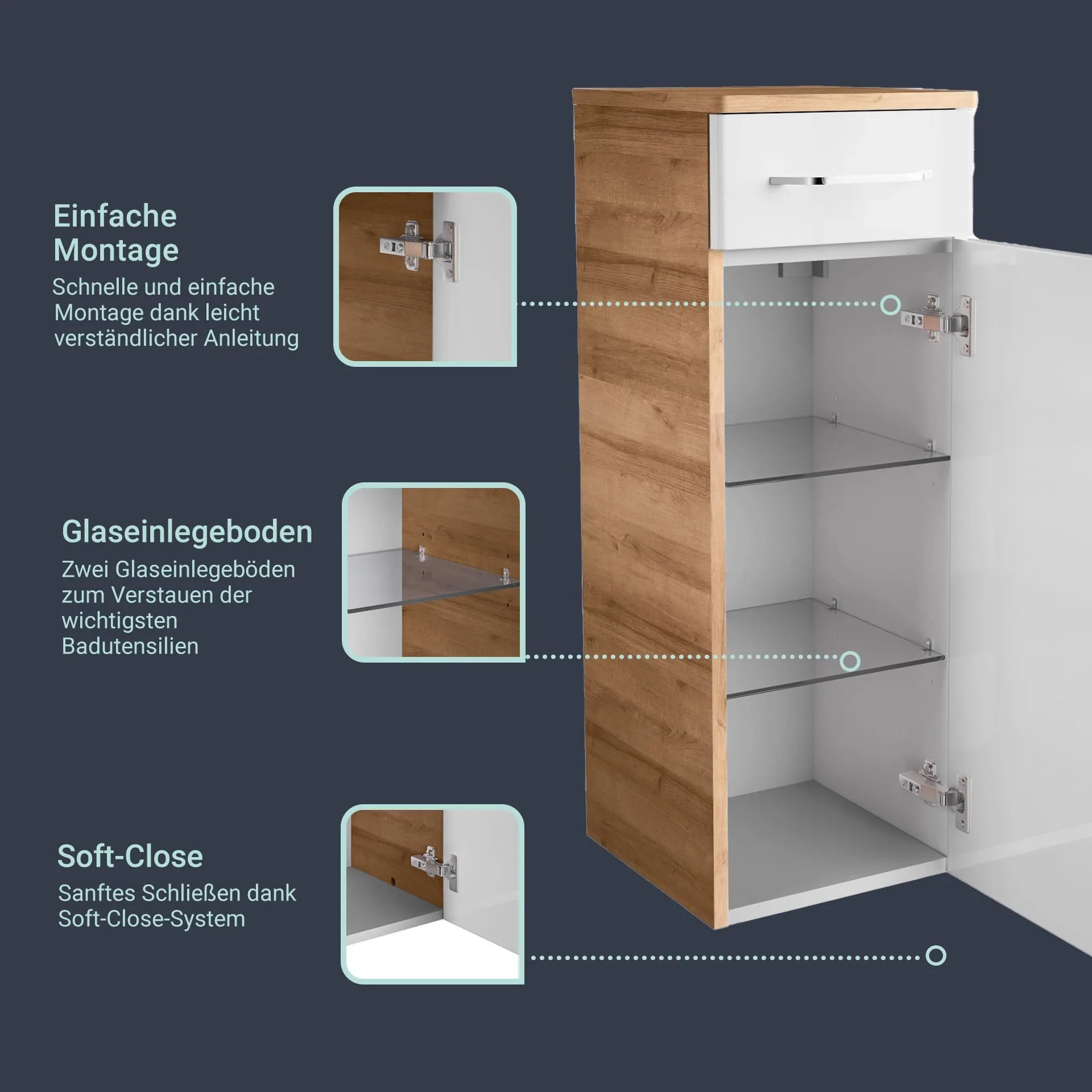 FACKELMANN MILANO Midischrank 30 cm breit, Weiß/Braun hell