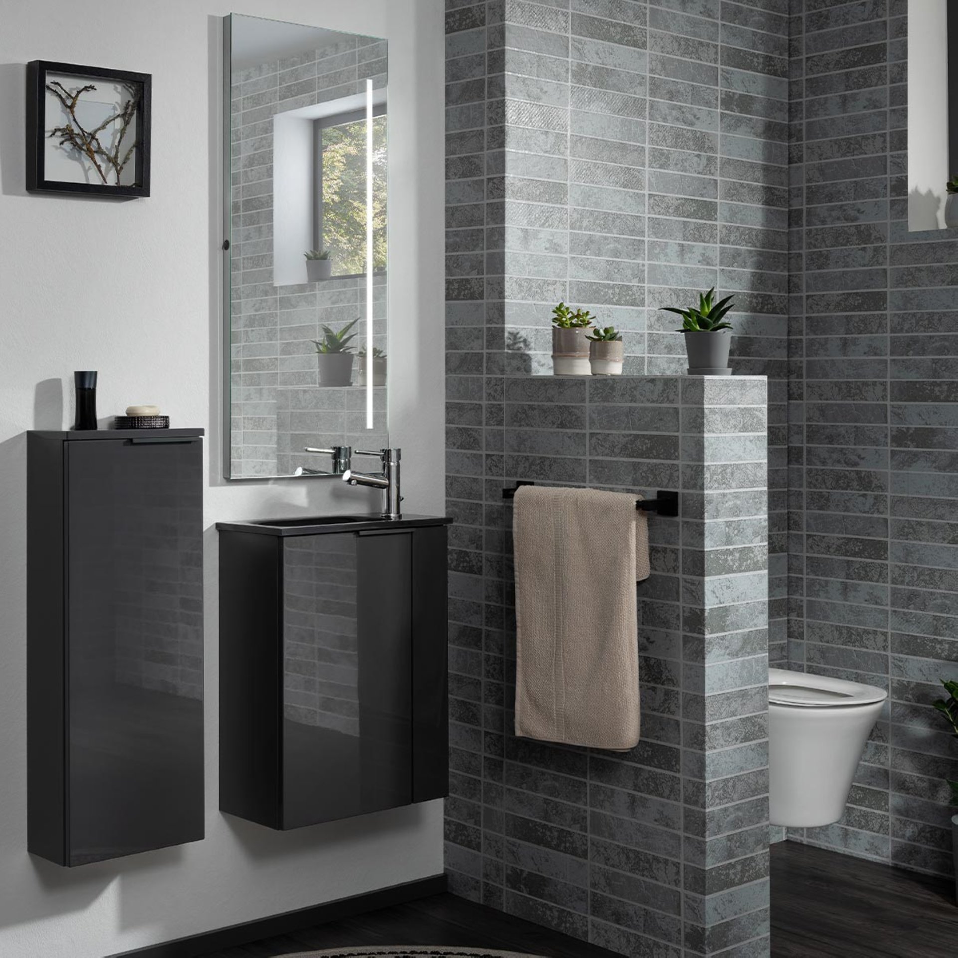 FACKELMANN SBC LUNA Gäste WC Waschtisch Set 45 cm breit, Anthrazit, Waschbecken Glas Anthrazit, Türanschlag links