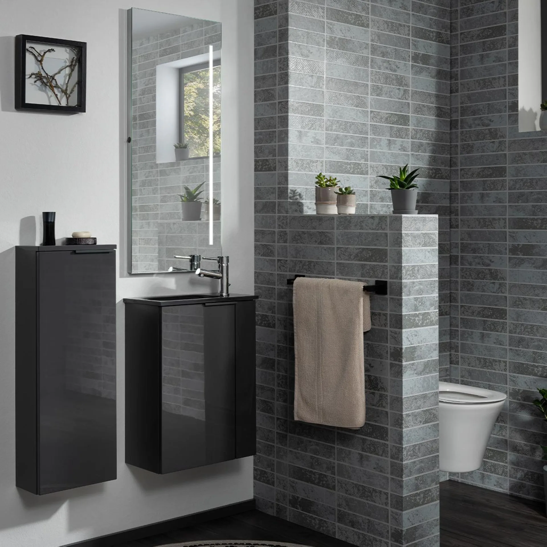 FACKELMANN SBC LUNA Gäste WC Waschtisch Set 45 cm breit, Anthrazit, Waschbecken Glas Anthrazit, Türanschlag links