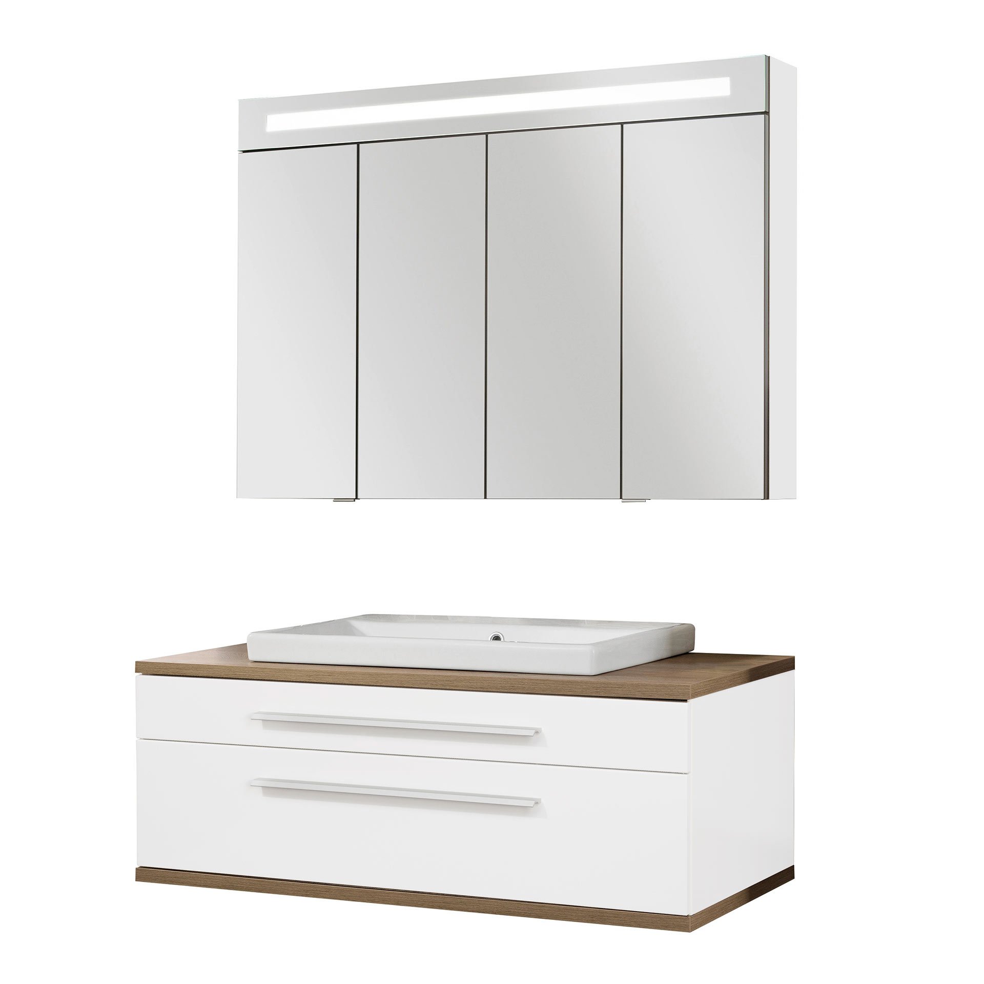 Fackelmann STANFORD Badmöbel Set 3-teilig,110 cm breit, Braun/Weiß, Keramik + Spiegelschrank