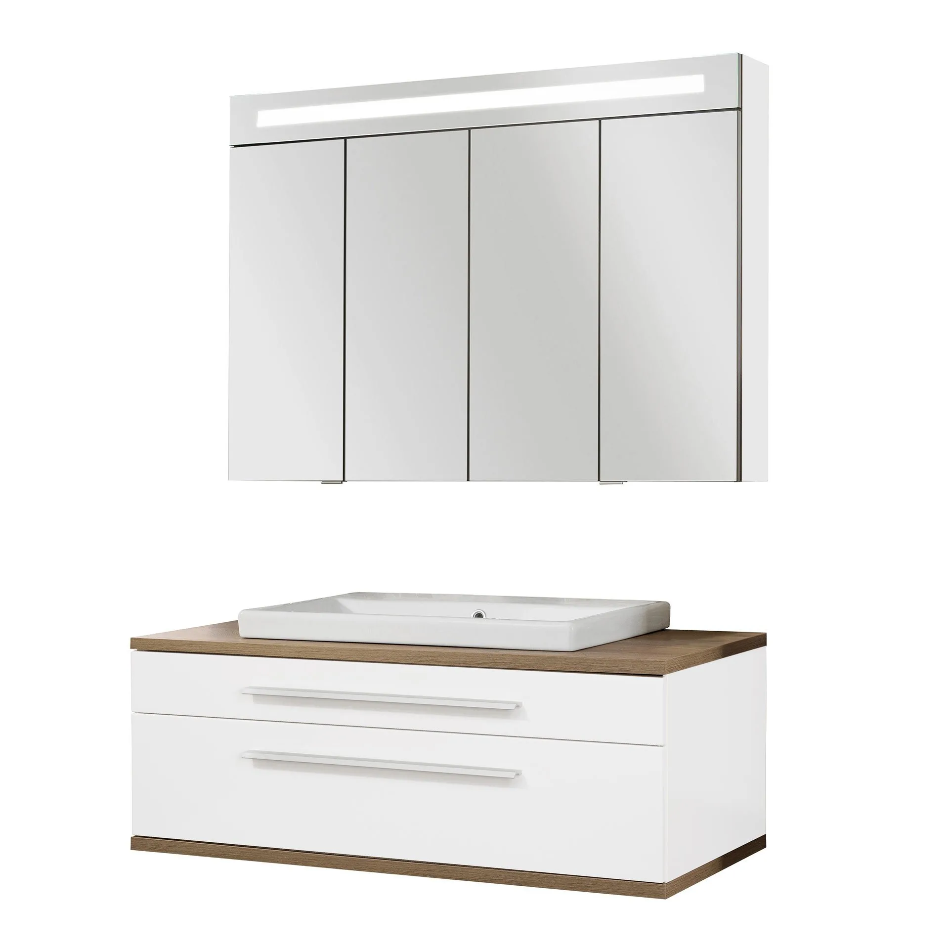 FACKELMANN STANFORD Waschtisch Set mit Spiegelschrank 110 cm breit, Weiß/Braun hell, Waschbecken Keramik Weiß