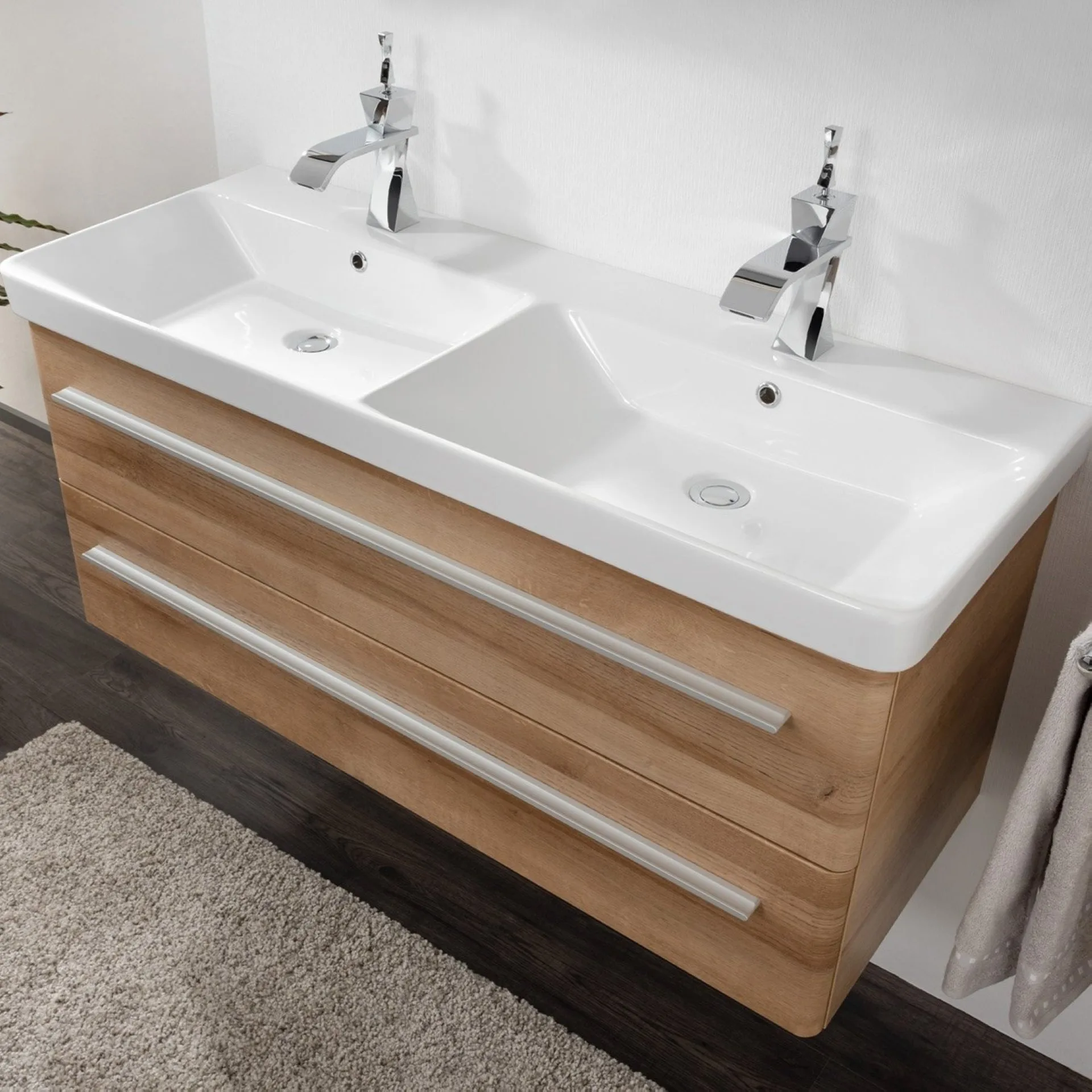 LANZET K8 Waschtisch Set mit Spiegelschrank 120 cm breit, Braun hell, Doppelwaschbecken Keramik Weiß