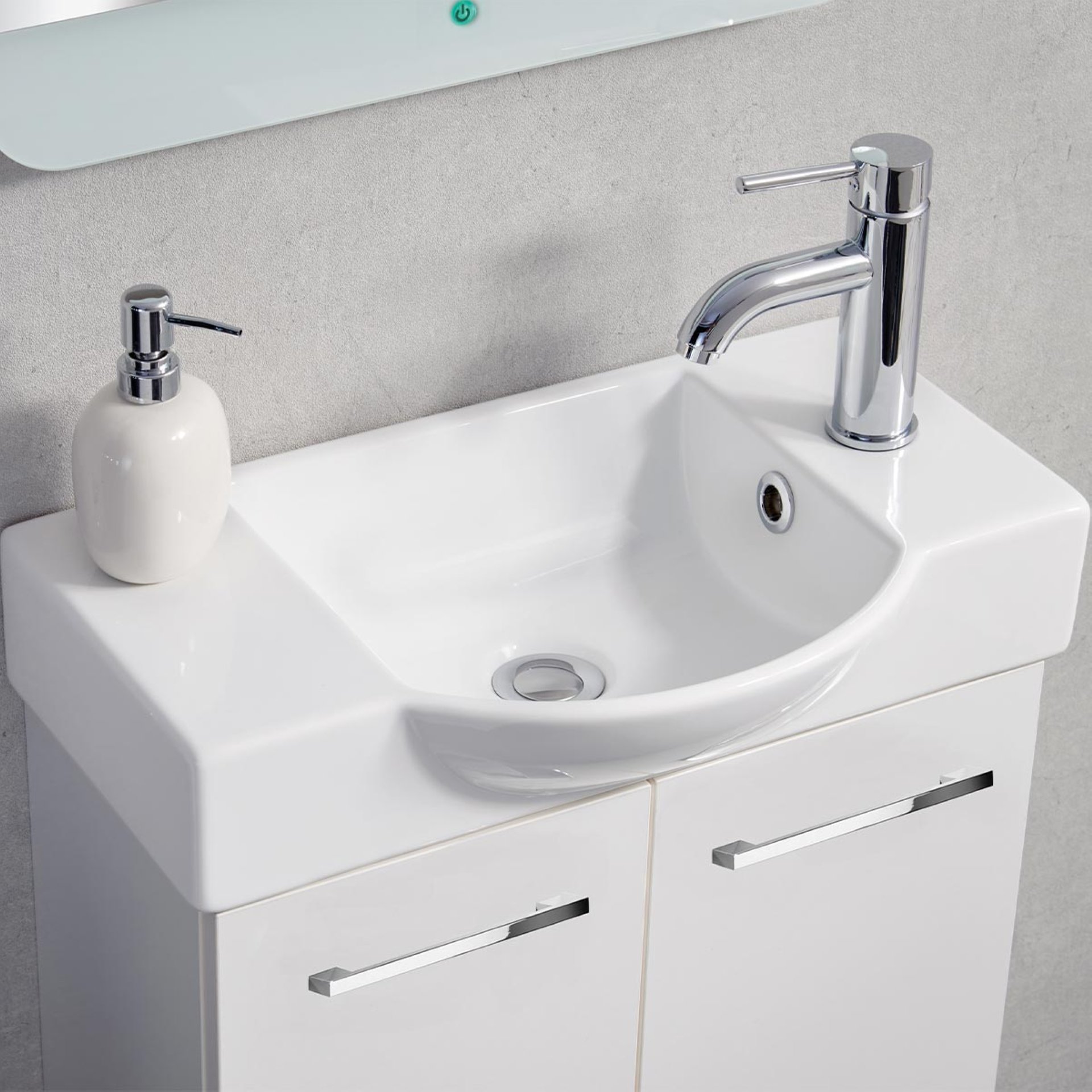 FACKELMANN SBC SCENO Gäste WC Waschtisch Set 55 cm breit, Weiß, Waschbecken Keramik Weiß, Hahnloch rechts