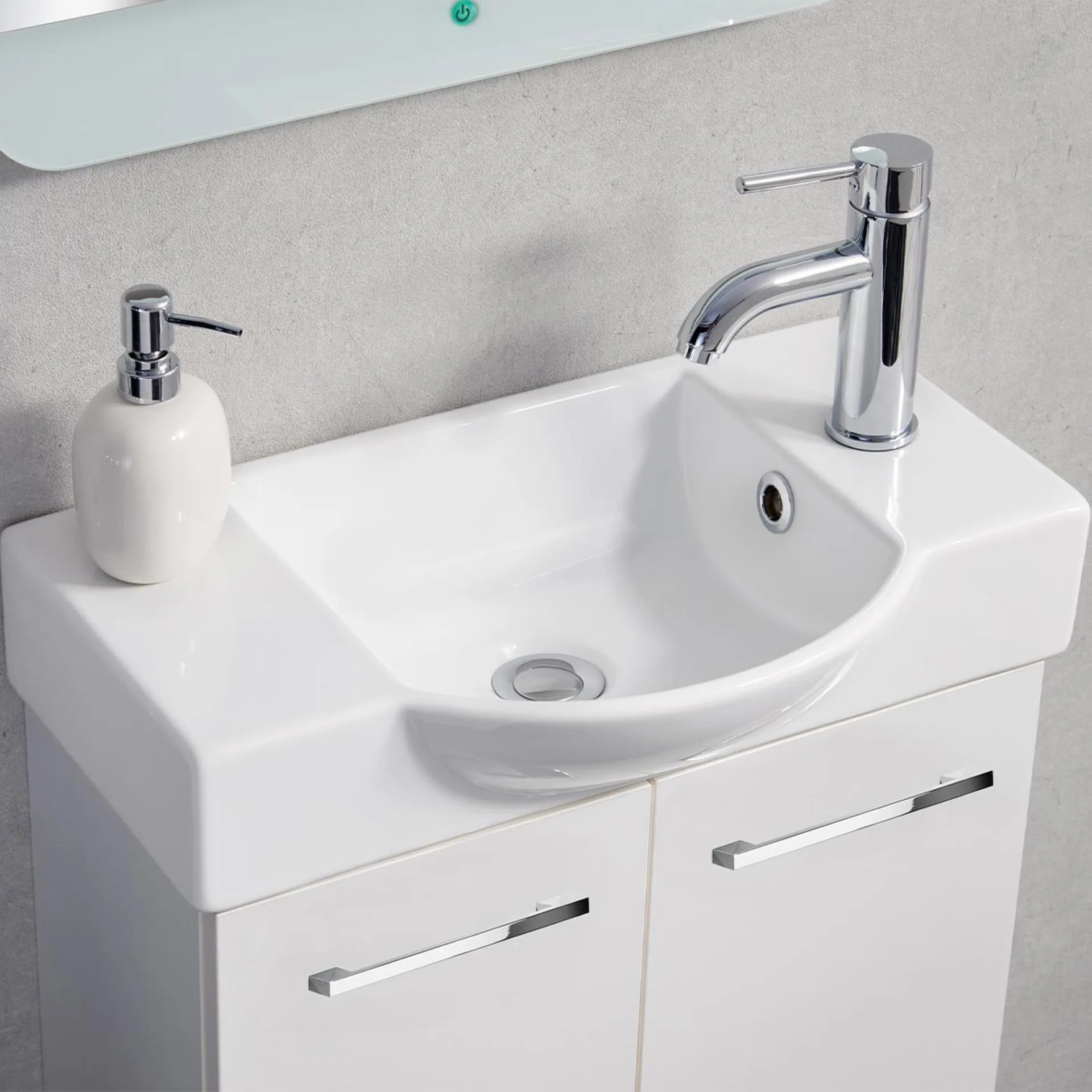 FACKELMANN SBC SCENO Gäste WC Waschtisch Set 55 cm breit, Weiß, Waschbecken Keramik Weiß, Hahnloch rechts