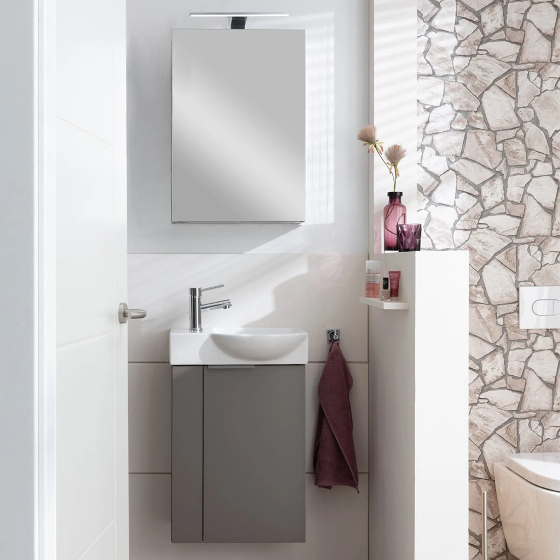 FACKELMANN SBC B.PARIS Gäste WC Waschtisch Set mit Spiegelschrank 45 cm breit, Grau, Türanschlag rechts