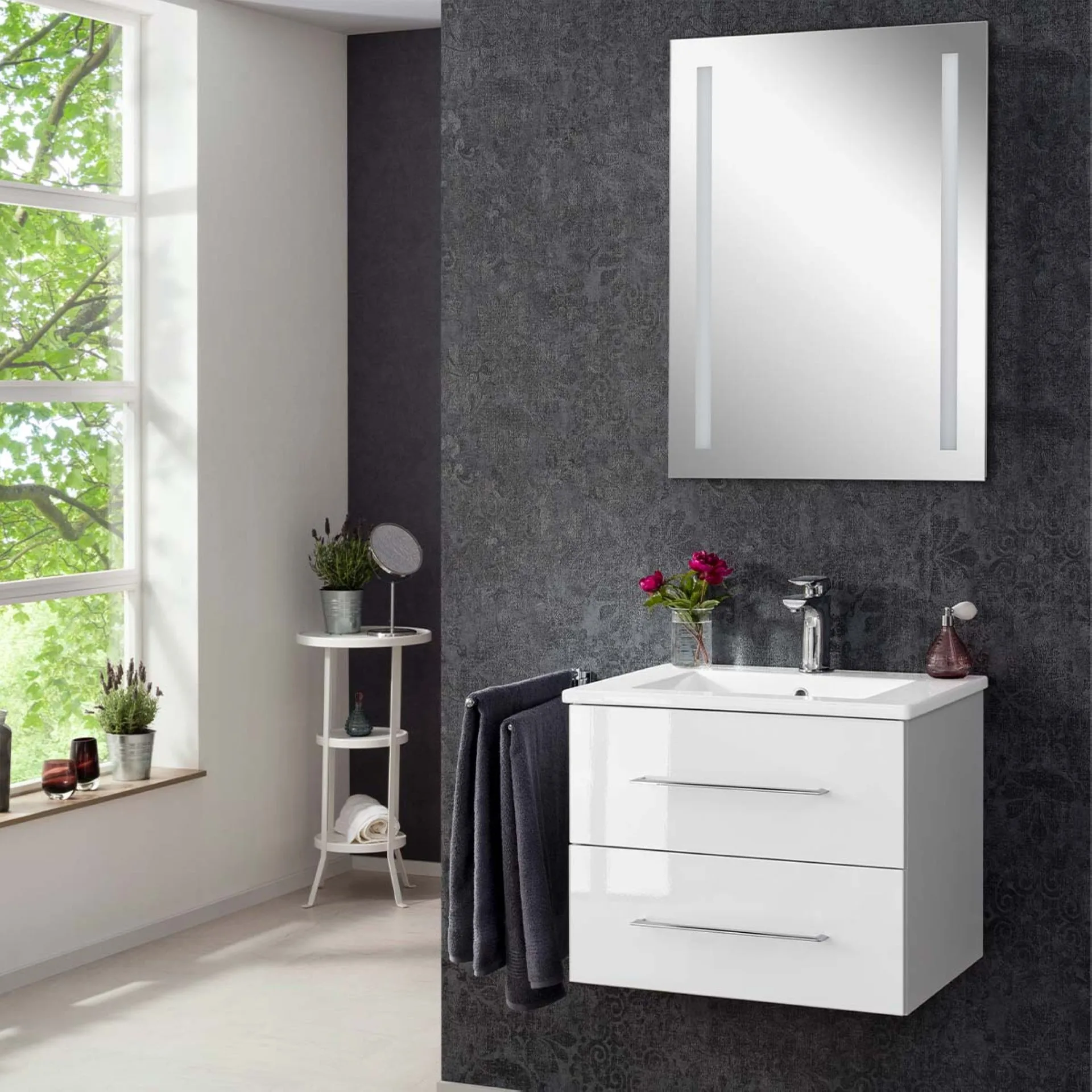 FACKELMANN B.PERFEKT Waschtischset mit Spiegel 62 cm breit, Weiß, Waschbecken Keramik Weiß