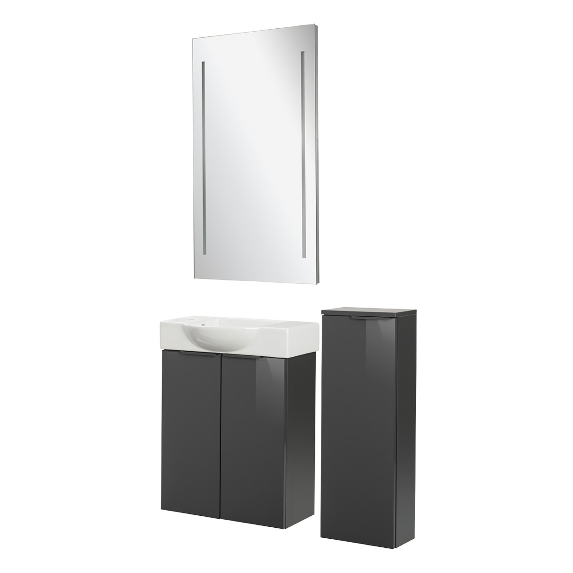 Fackelmann SBC LUNA Gäste WC Set 4-teilig 55 cm, Anthrazit, Keramik links+Spiegel+Midischrank slim
