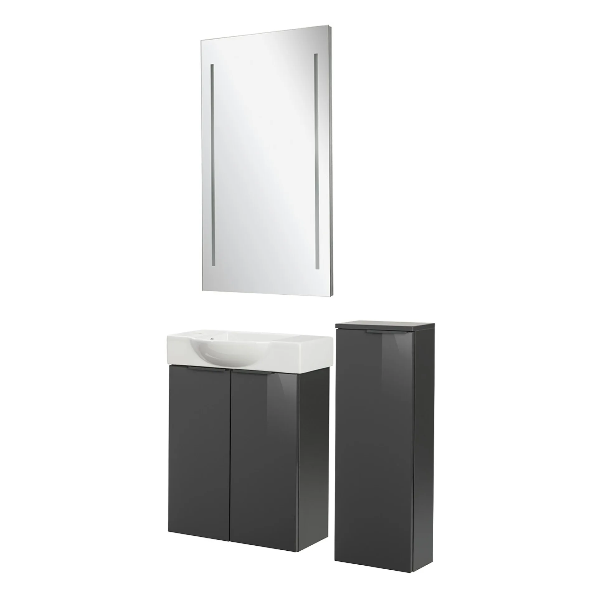 FACKELMANN SBC LUNA Gäste WC Set 4-teilig 55 cm breit, Anthrazit, Waschbecken Keramik Weiß Hahnloch links + LED Spiegel + Midischrank slim
