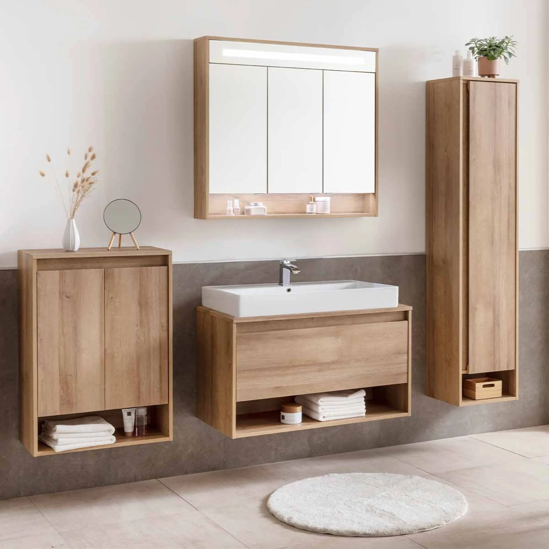 FACKELMANN NATURA Badmöbel Set 5-teilig 94 cm breit, Braun hell, Aufsatzwaschbecken Keramik Weiß + LED Spiegelschrank + Doppel Midischrank + Hochschrank Türanschlag rechts