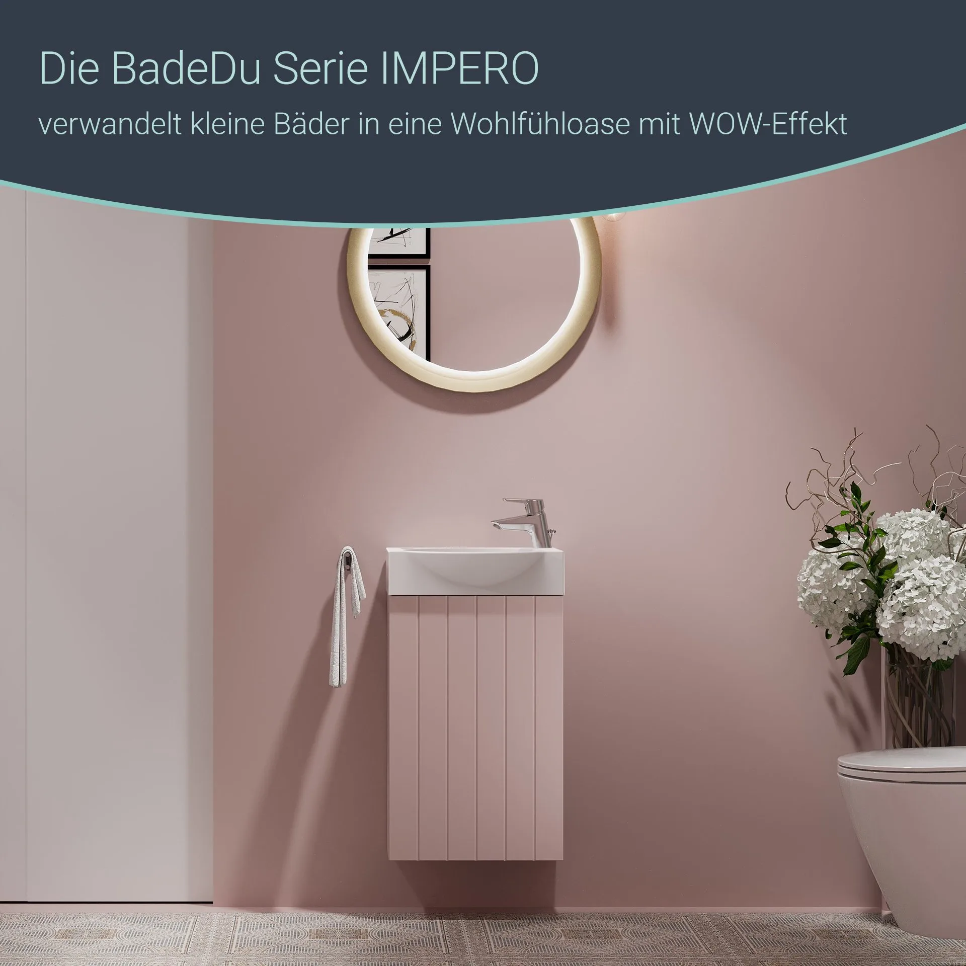 BADEDU IMPERO Gäste WC Waschtisch Set  40 cm breit, Rosa, Waschbecken Keramik Weiß