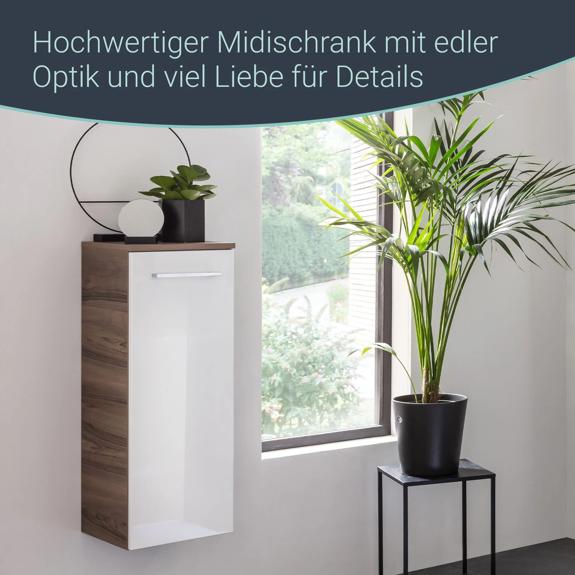 FACKELMANN VERONA Midischrank 30 cm breit, Weiß Hochglanz/Braun Dunkel, Türanschlag rechts