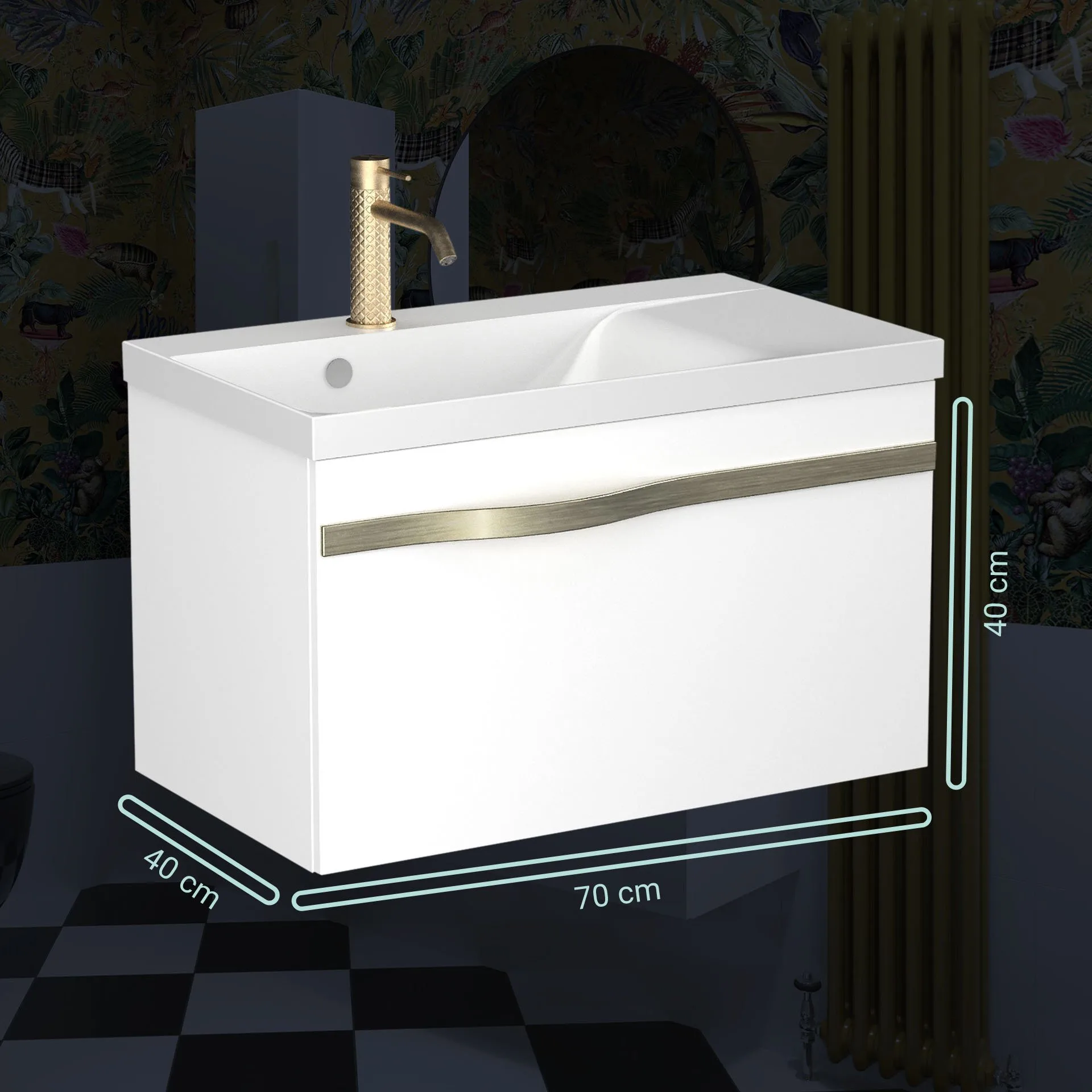 BADEDU FILS Waschbecken mit Unterschrank 69 cm breit, Weiß, Waschbecken Gussmarmor Weiß, Griff Silber