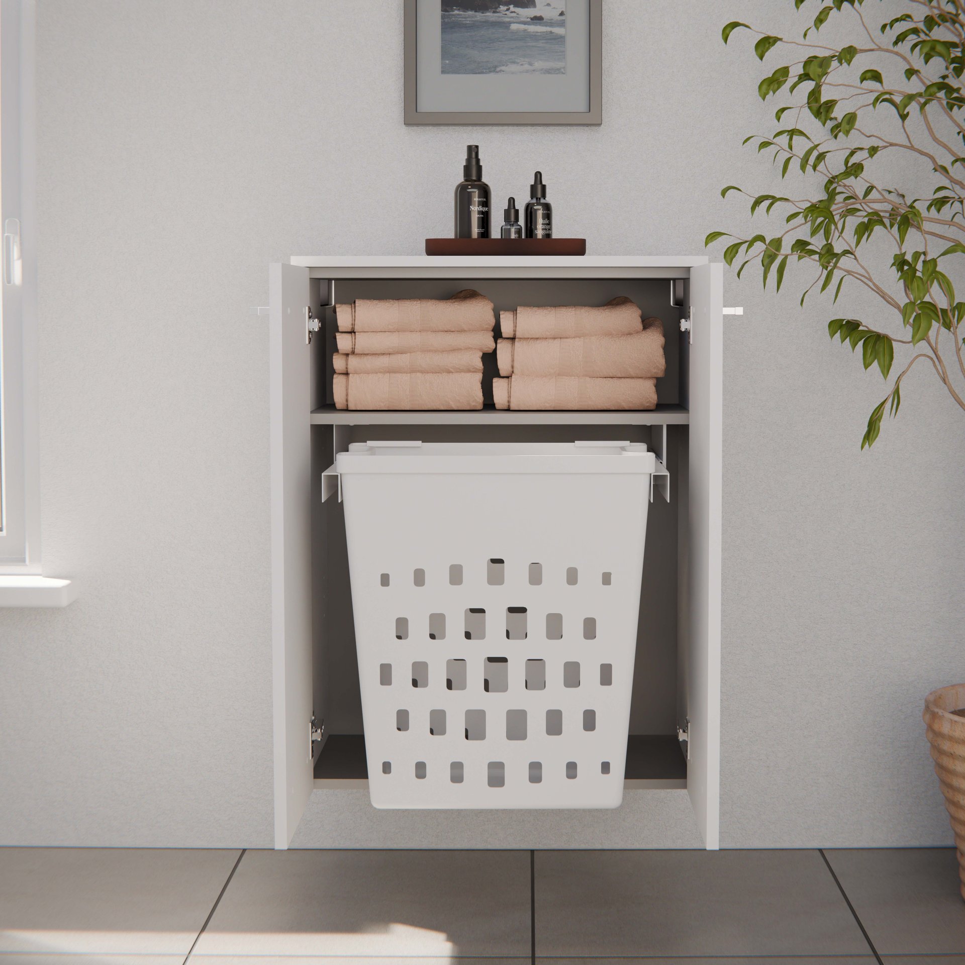 FACKELMANN B.STYLE Doppel Midischrank 60 cm, Weiß mit Wäschekorb