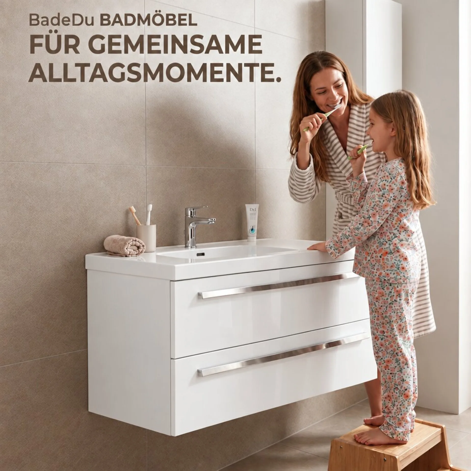 BADEDU TESSANO Waschbecken mit Unterschrank 90 cm breit, Weiß, Waschbecken Keramik Weiß