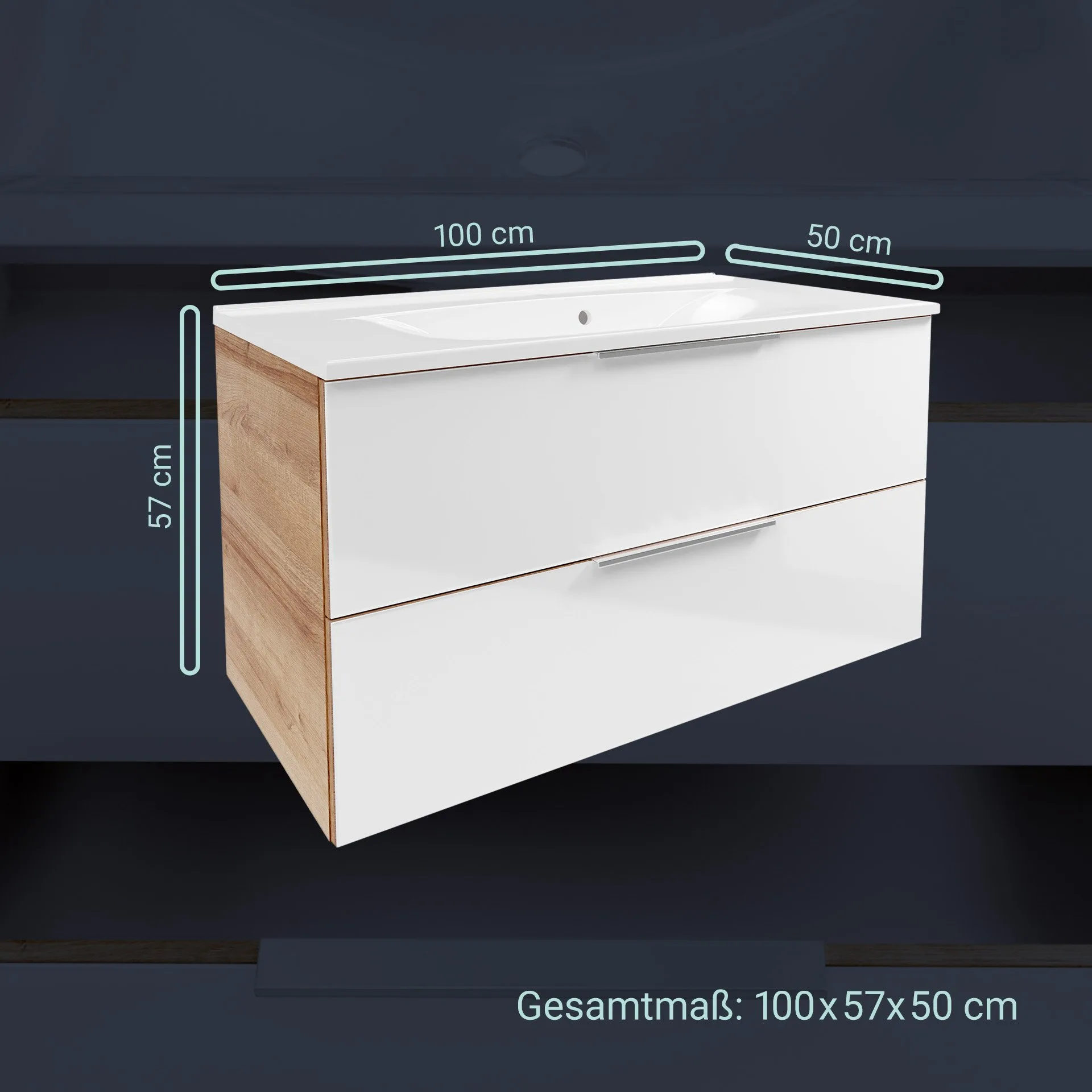 FACKELMANN B.BRILLANT Waschbecken mit Unterschrank 100 cm breit, Weiß Glas/Braun hell, Waschbecken Gussmarmor Weiß