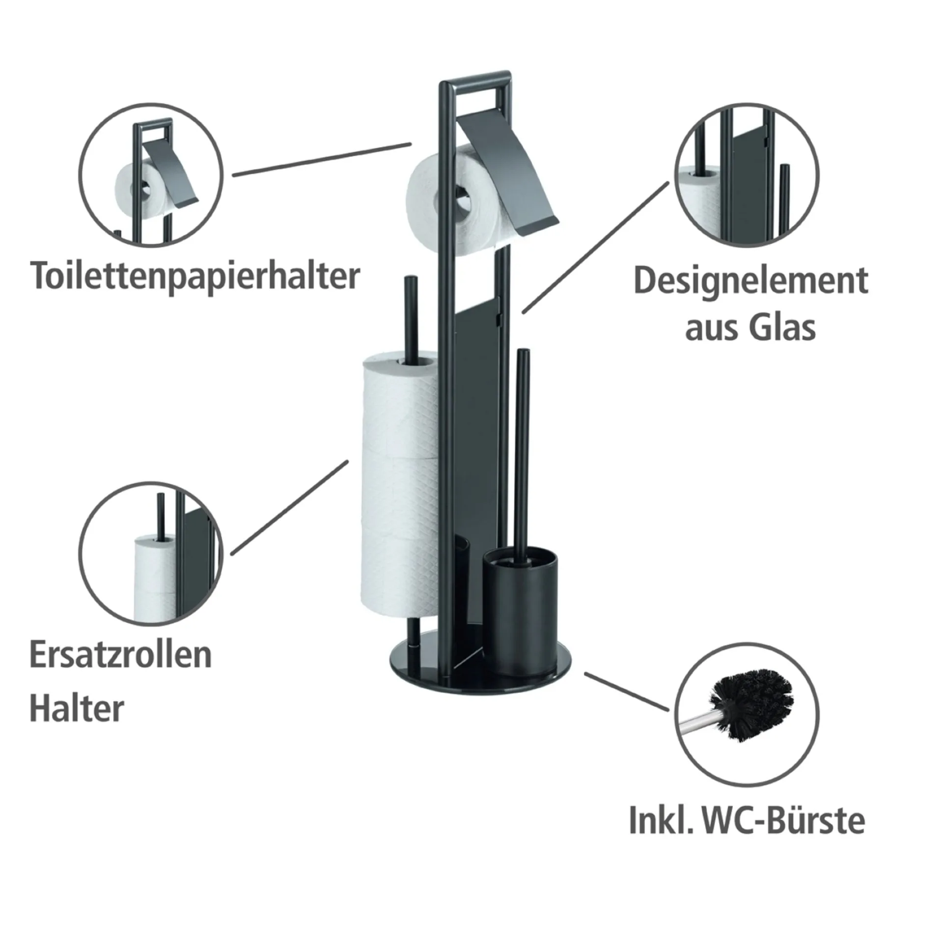 WENKO RAVINA WC-Garnitur, Schwarz, mit Toilettenpapierhalter und Bevorrater, stehend