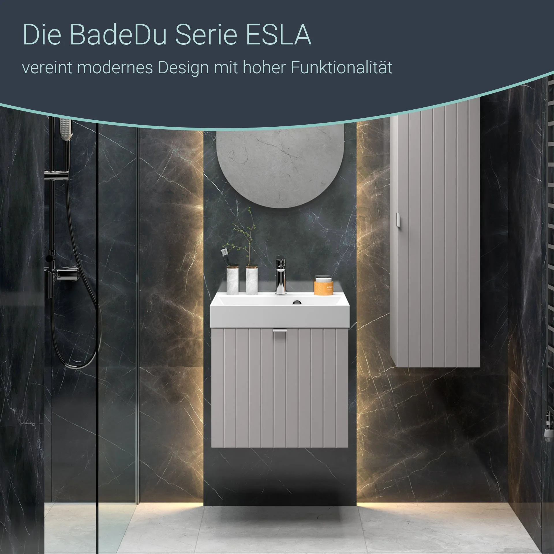 BADEDU ESLA Waschbecken mit Unterschrank 50 cm breit, Grau, Waschbecken Gussmarmor Weiß
