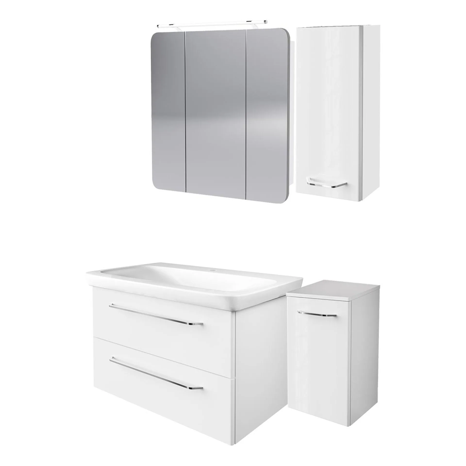 FACKELMANN MILANO Badmöbel Set 5-teilig 88 cm breit, Weiß, Waschbecken Keramik Weiß + LED Spiegelschrank + Unterschrank + Hängeschrank