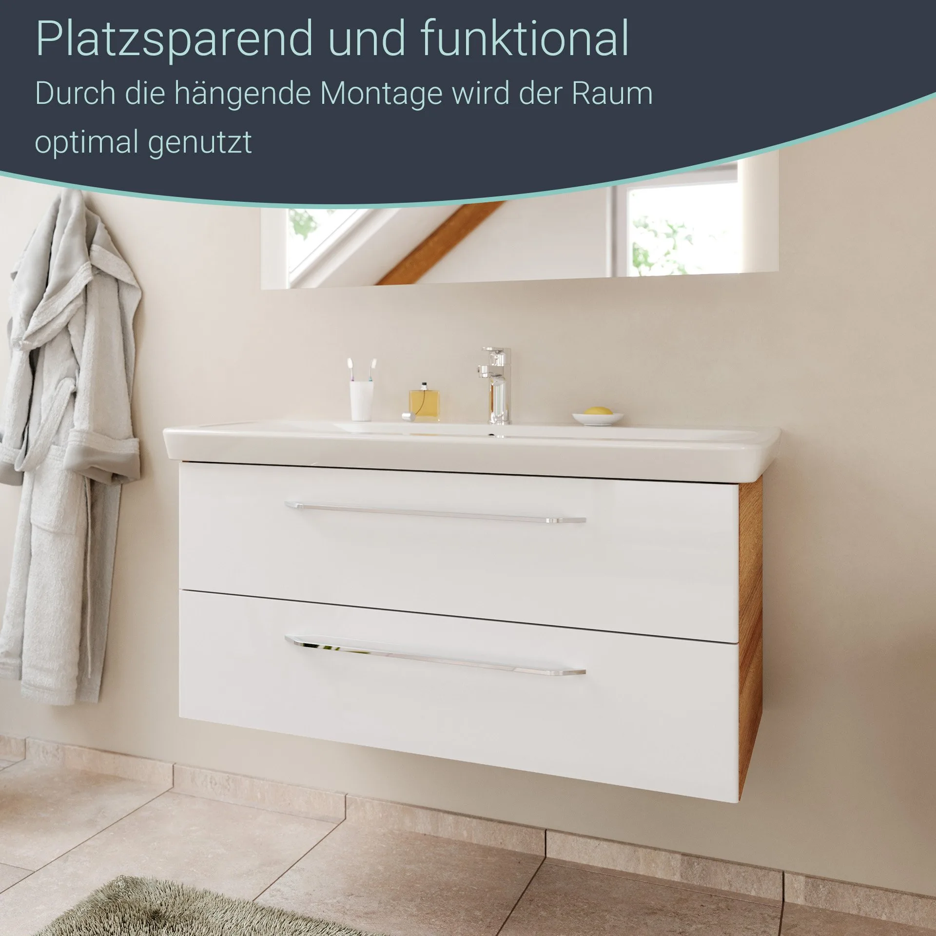 FACKELMANN MILANO Waschbecken mit Unterschrank 107 cm breit, Weiß/Braun hell, Waschbecken Keramik Weiß