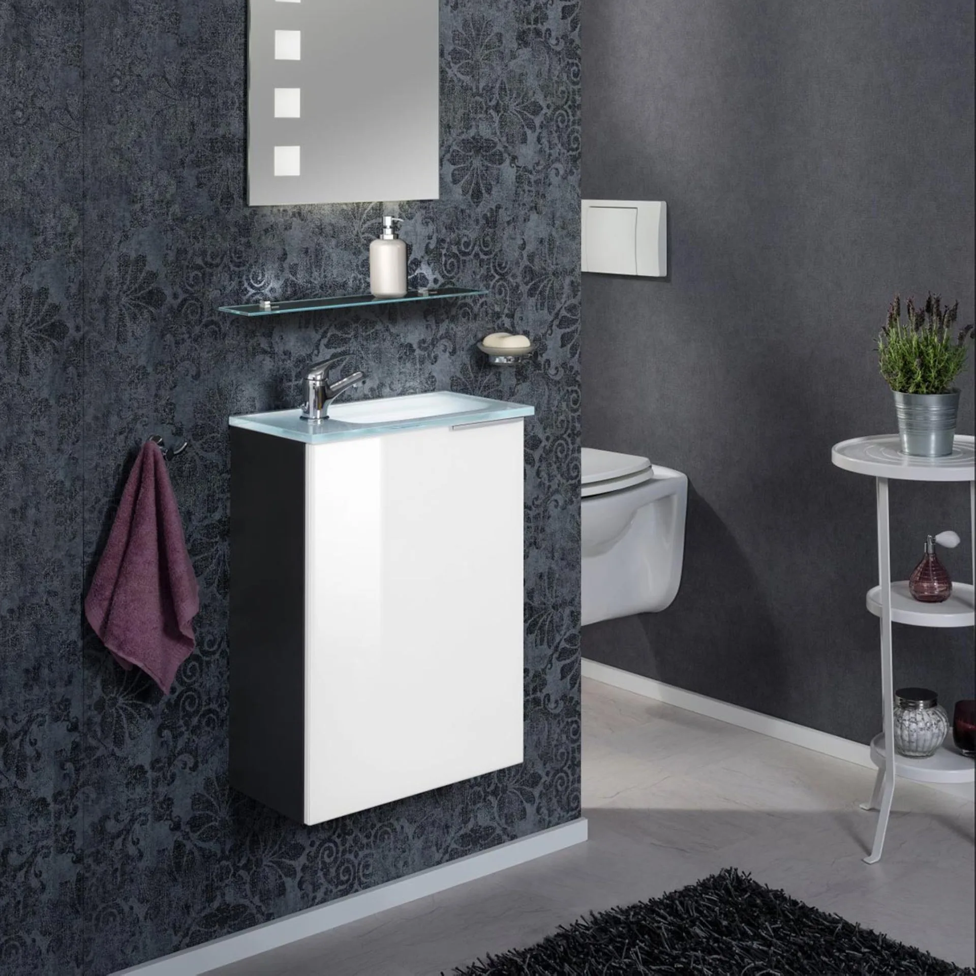 FACKELMANN SBC KARA Waschbeckenunterschrank Gäste WC 45 cm breit, Weiß/Anthrazit, Türanschlag links