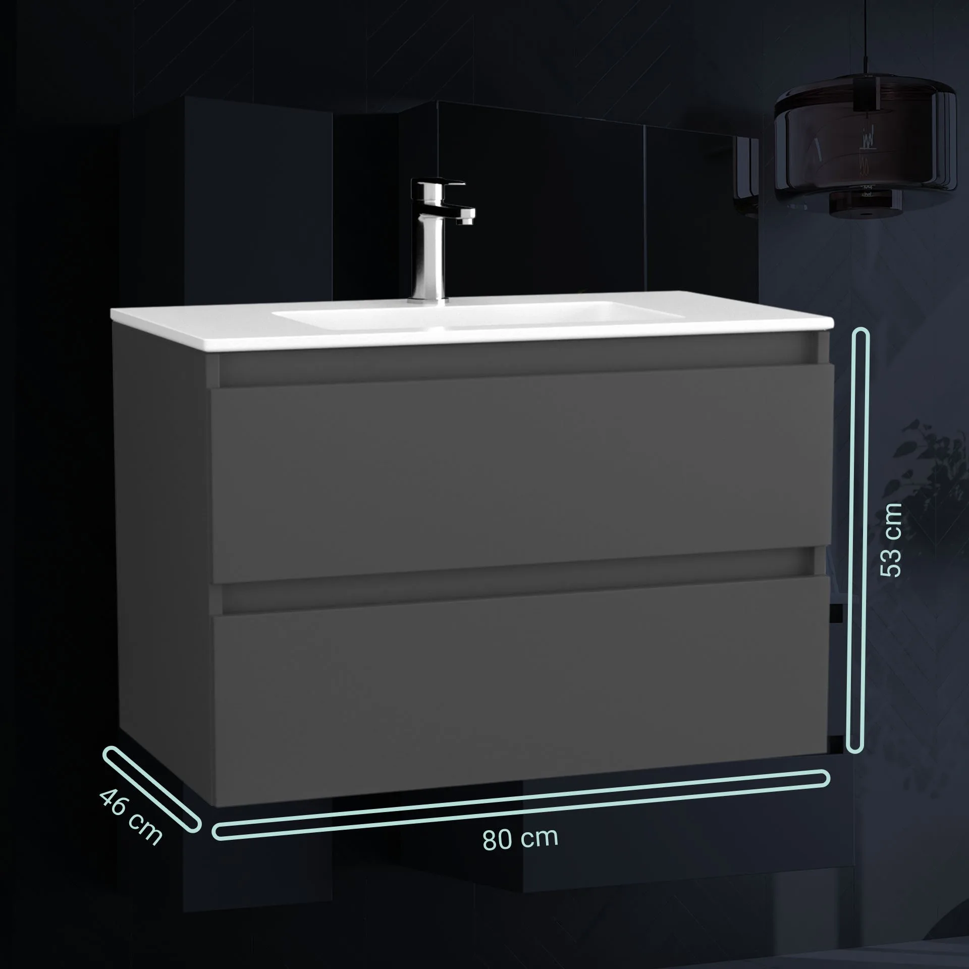 BADEDU GERS Waschbecken mit Unterschrank 80 cm breit, Grau, Waschbecken Keramik Weiß