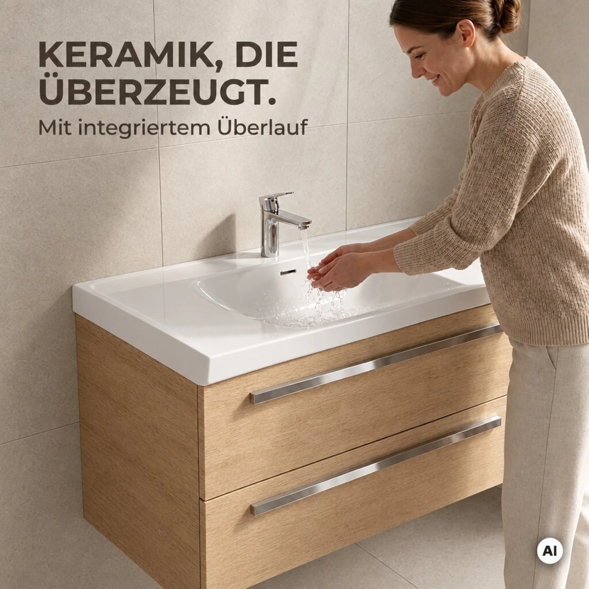 BADEDU TESSANO Waschbecken mit Unterschrank 90 cm breit, Braun hell, Waschbecken Keramik Weiß