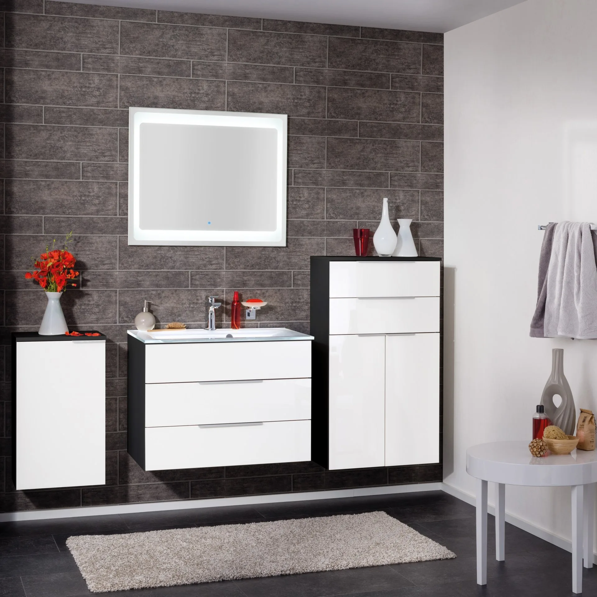 FACKELMANN KARA Waschbecken mit Unterschrank 80 cm breit, Weiß/Anthrazit, Waschbecken Glas Weiß, 2 Schubladen