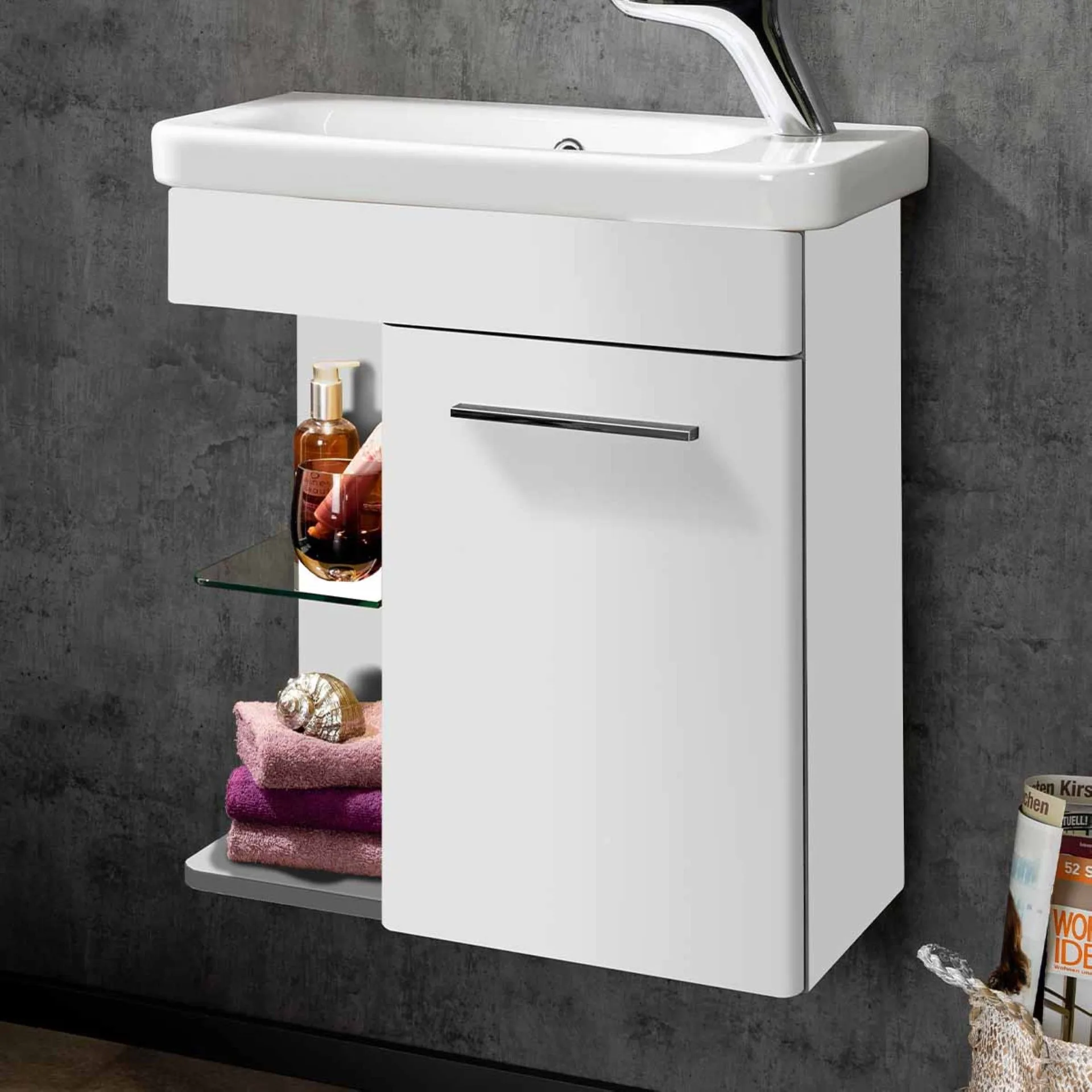LANZET K8 Gäste WC Waschtisch Set 60 cm breit, Weiß, Waschbecken Keramik Weiß, Türanschlag rechts