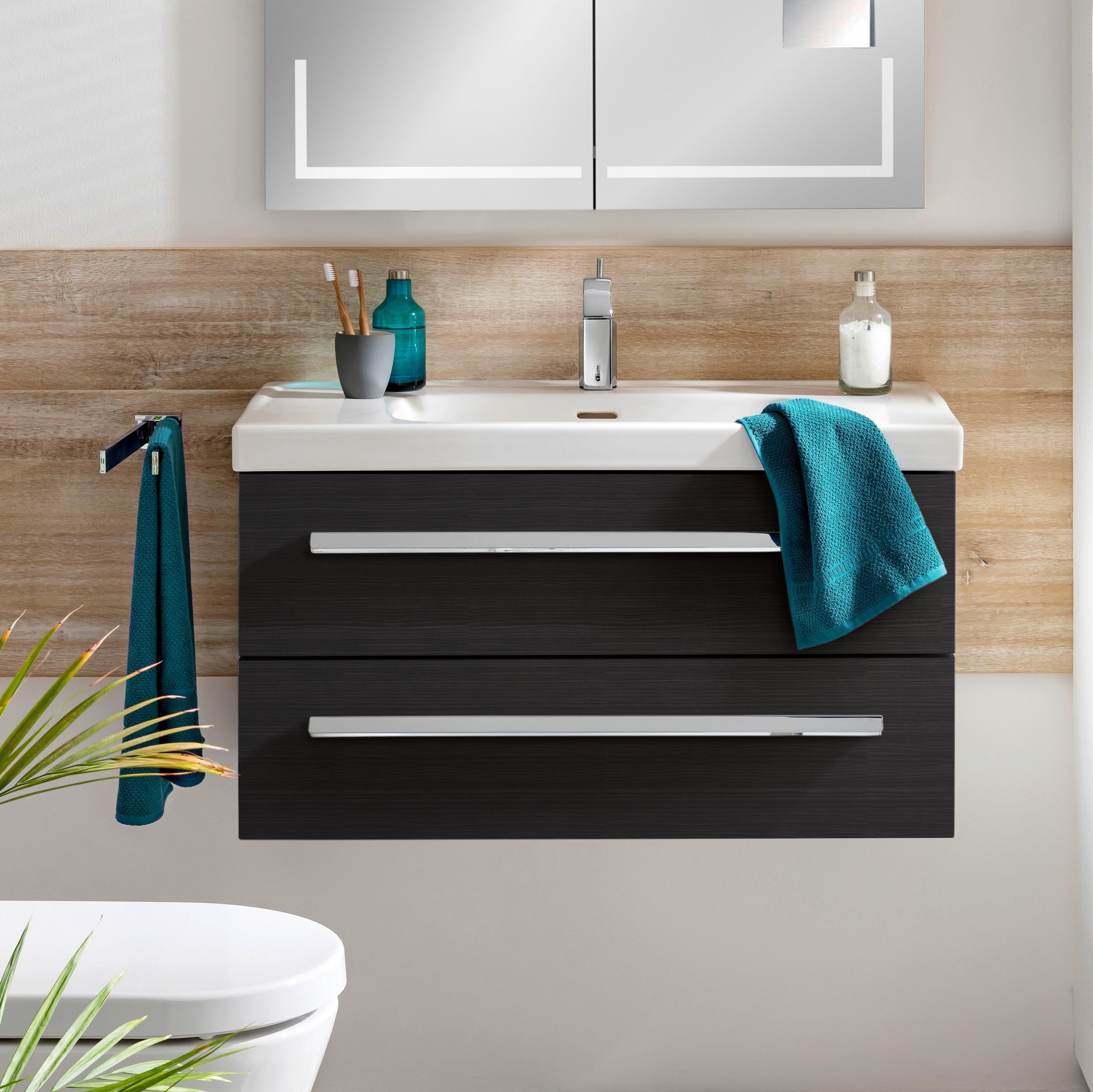 LANZET K1 Waschbeckenunterschrank 90 cm, Anthrazit Holzoptik