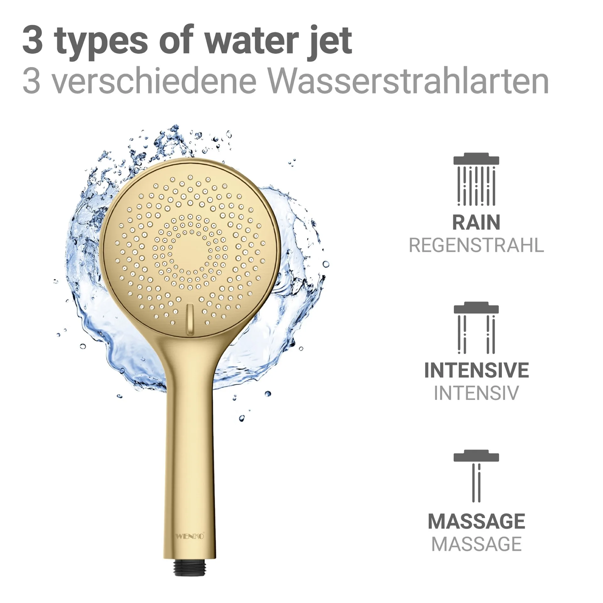 WENKO Duschkopf Ø 11 cm, Gold, mit Wassersparsystem, 3 verschiedene Wasserstrahlarten