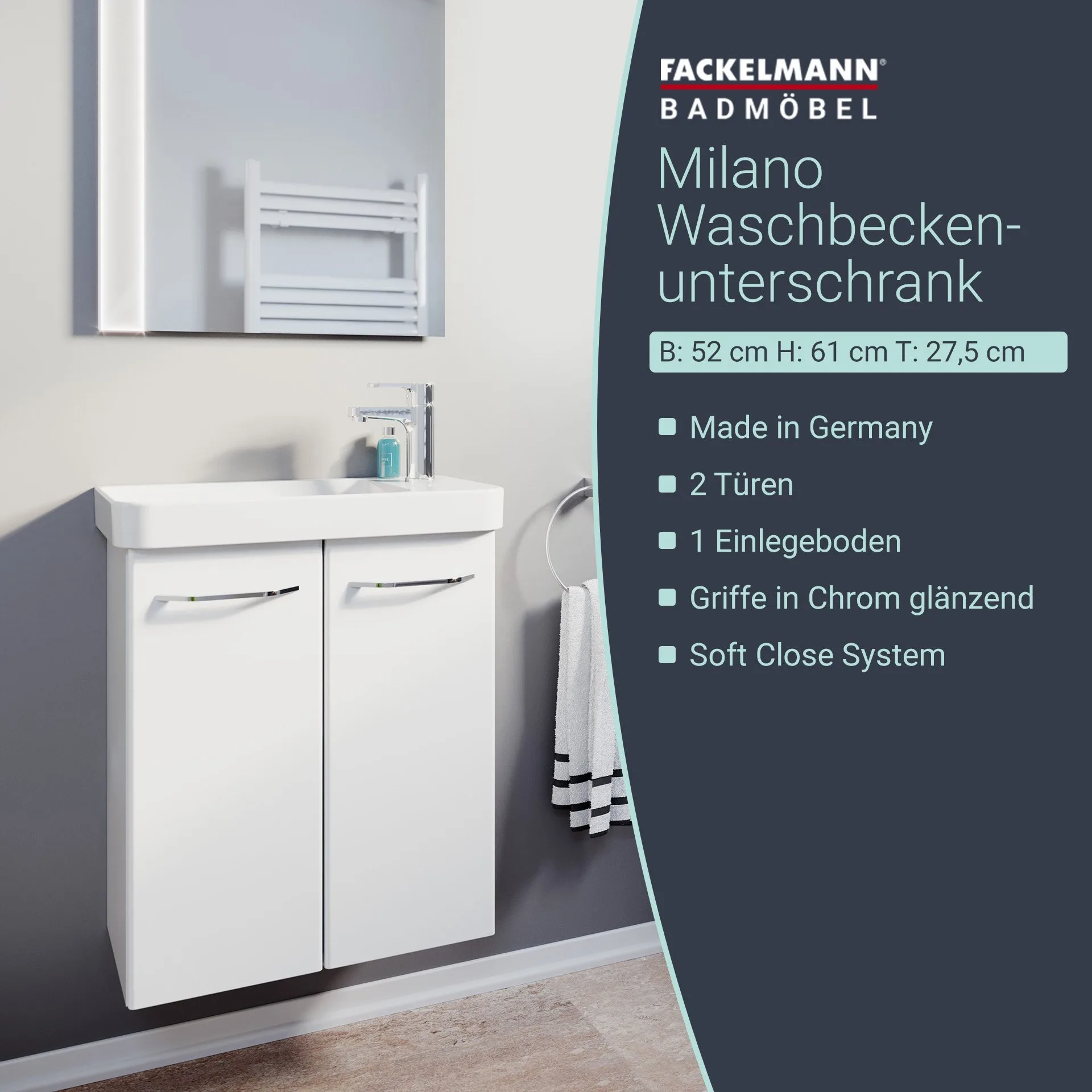 FACKELMANN MILANO Waschbeckenunterschrank Gäste WC 52 cm breit, Weiß