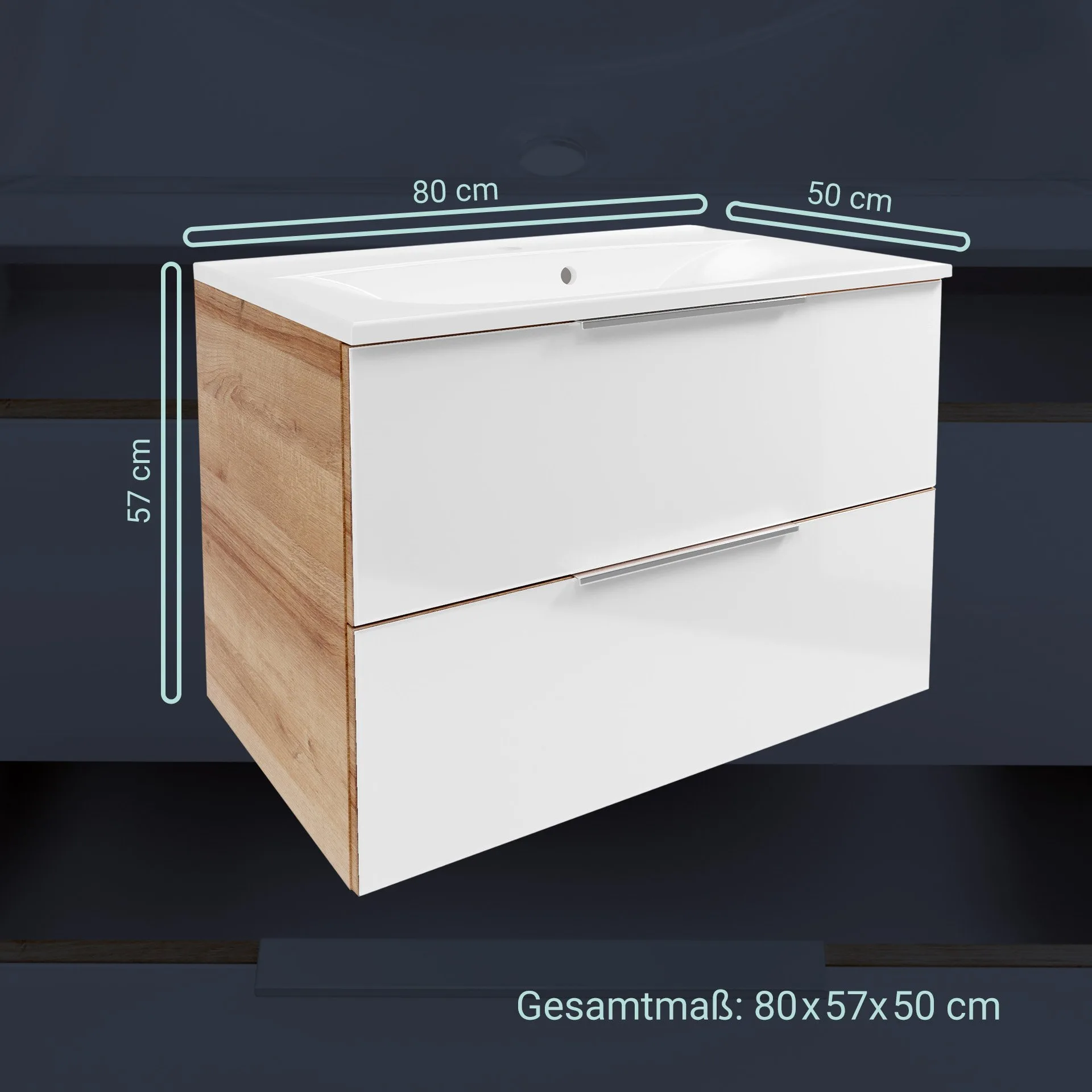 FACKELMANN B.BRILLANT Waschbecken mit Unterschrank 80 cm breit, Weiß Glas/Braun hell, Waschbecken Gussmarmor Weiß