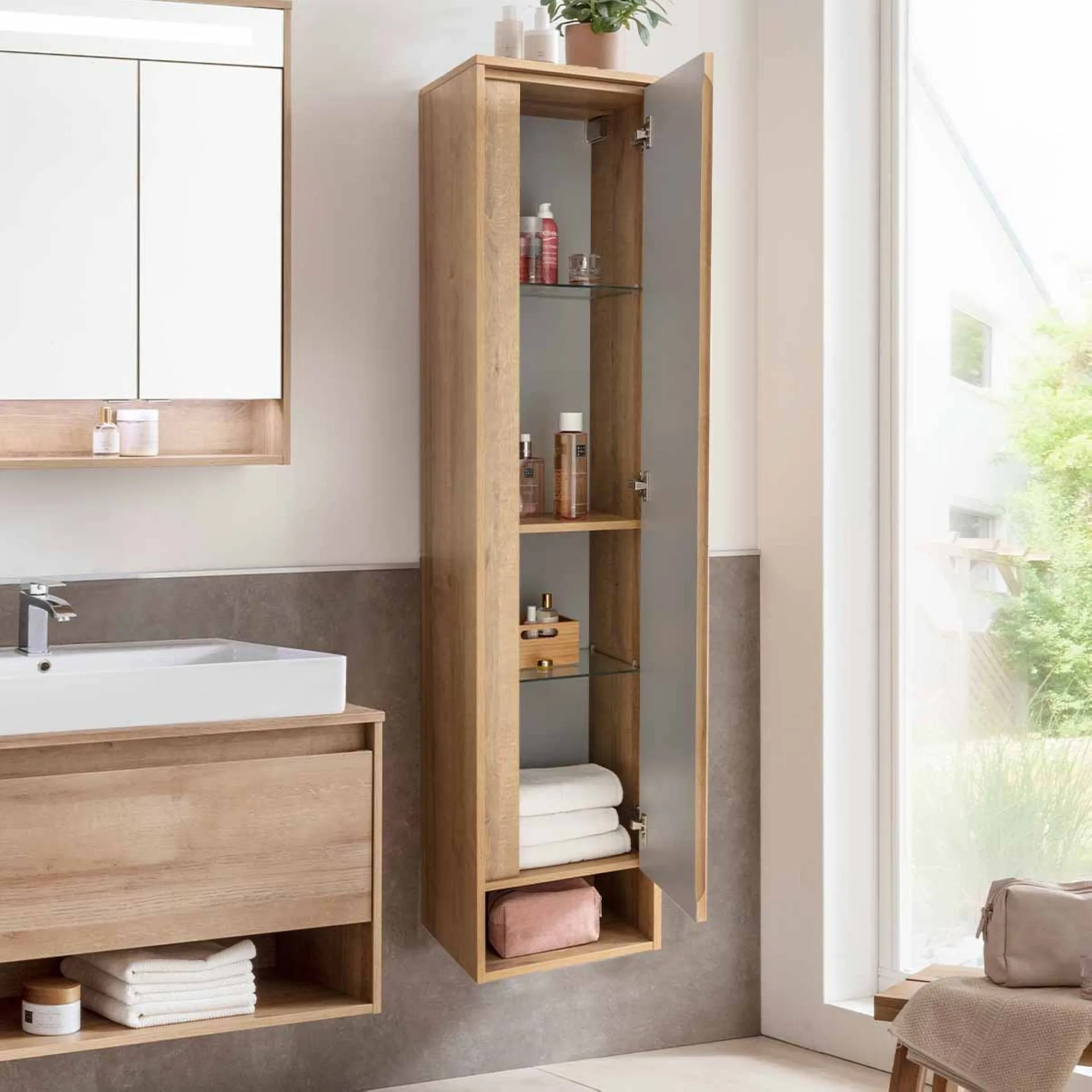 FACKELMANN NATURA Hochschrank 38 cm breit, Braun hell, Türanschlag rechts