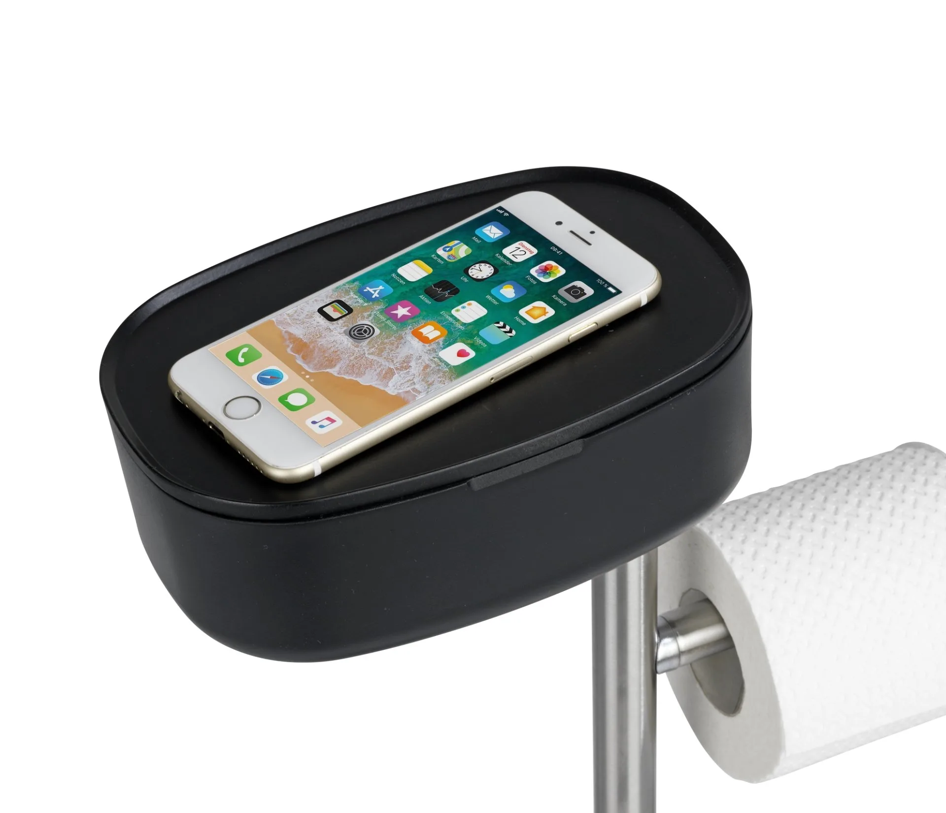WENKO RIVAZZA WC-Garnitur, Schwarz/Silber, mit Toilettenpapierhalter, Bevorrater und Ablage, stehend