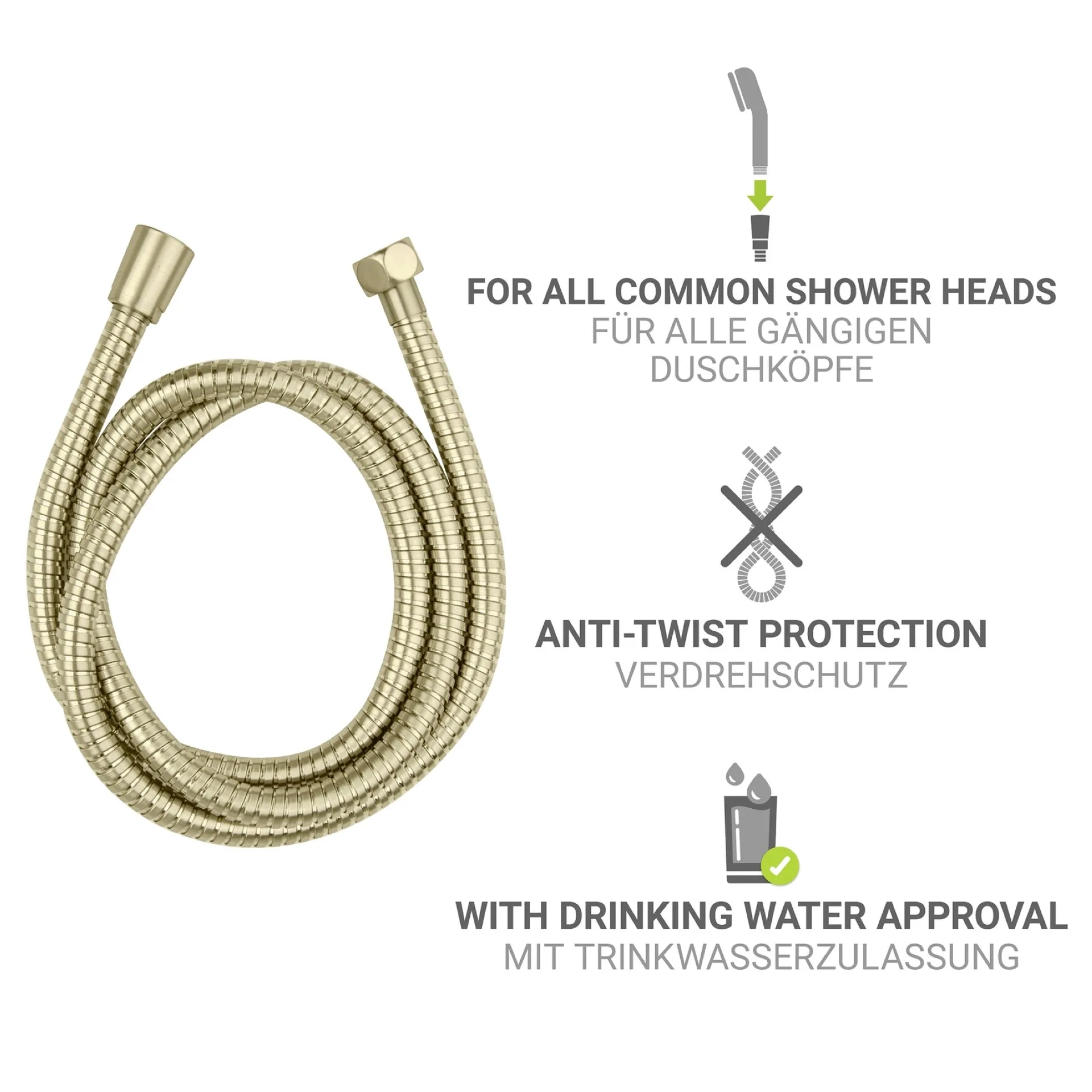WENKO BRASS Duschschlauch 150 cm, Gold, 1/2" Standardanschluss + Trinkwasserzulassung