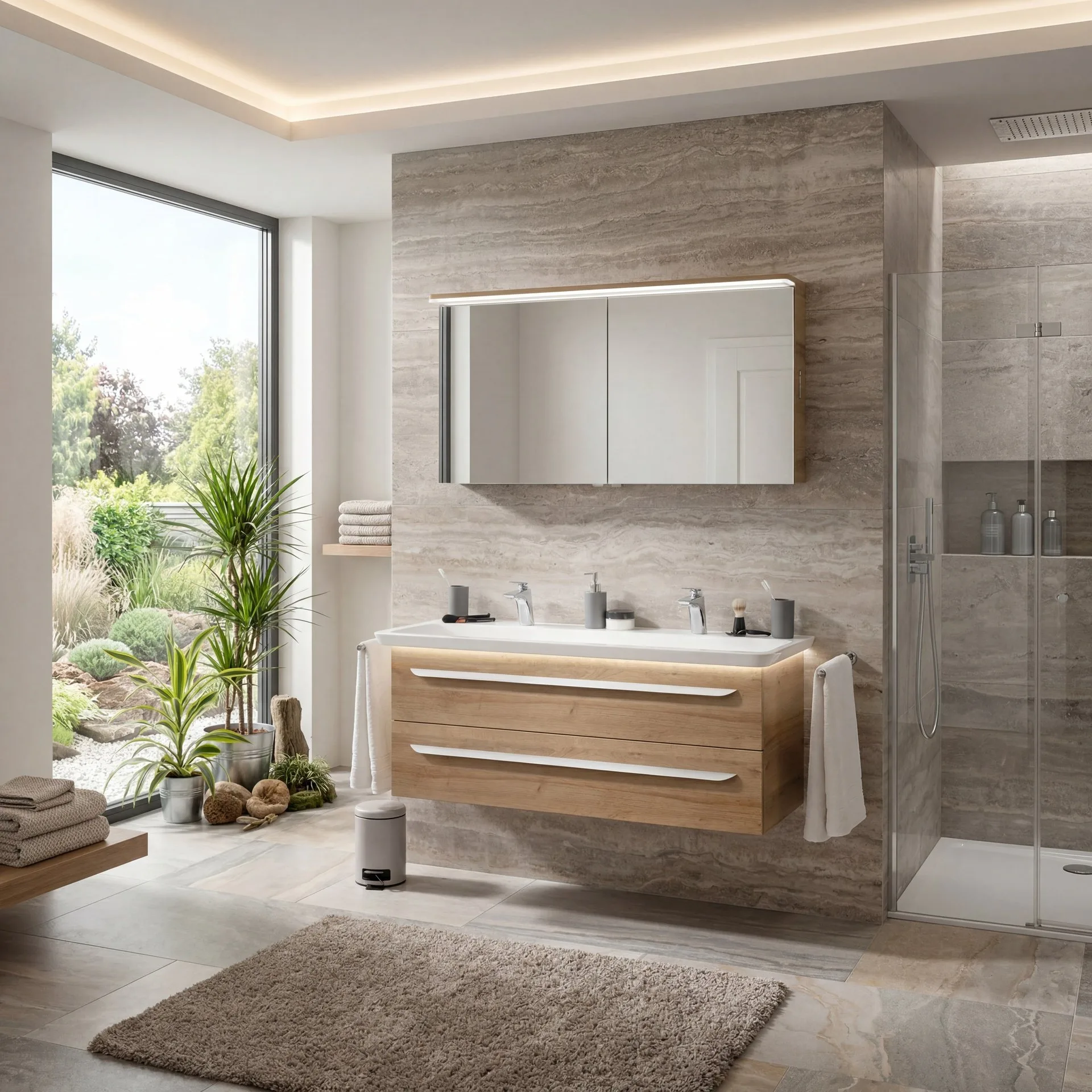 LANZET M9 Waschtisch Set mit Spiegelschrank 130 cm breit, Braun hell, Doppelwaschbecken Gussmarmor Weiß + Waschbeckenbeleuchtung