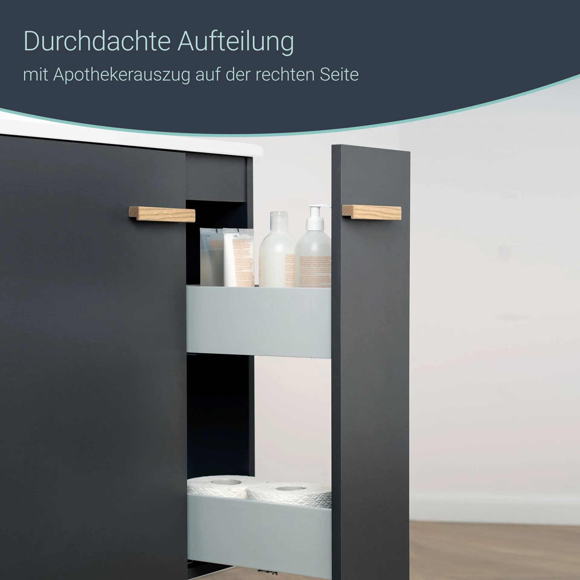BADEDU HIERA Waschbecken mit Unterschrank 60 cm breit, Anthrazit, Waschbecken Keramik Weiß