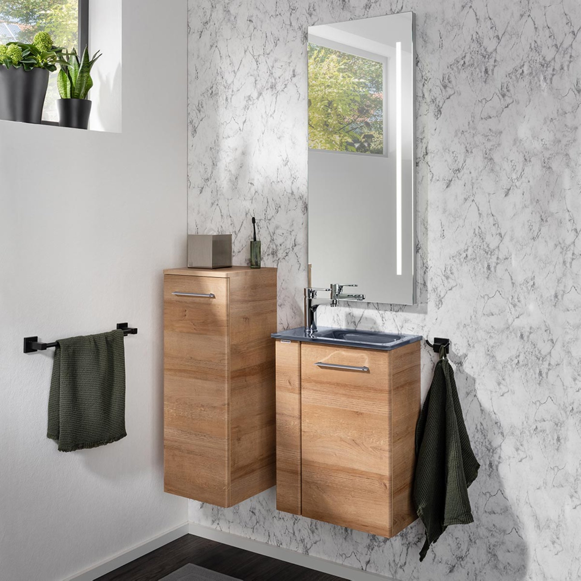 FACKELMANN SBC MILANO Gäste WC Waschtisch Set 45 cm breit, Braun hell, Waschbecken Glas Anthrazit, Türanschlag rechts